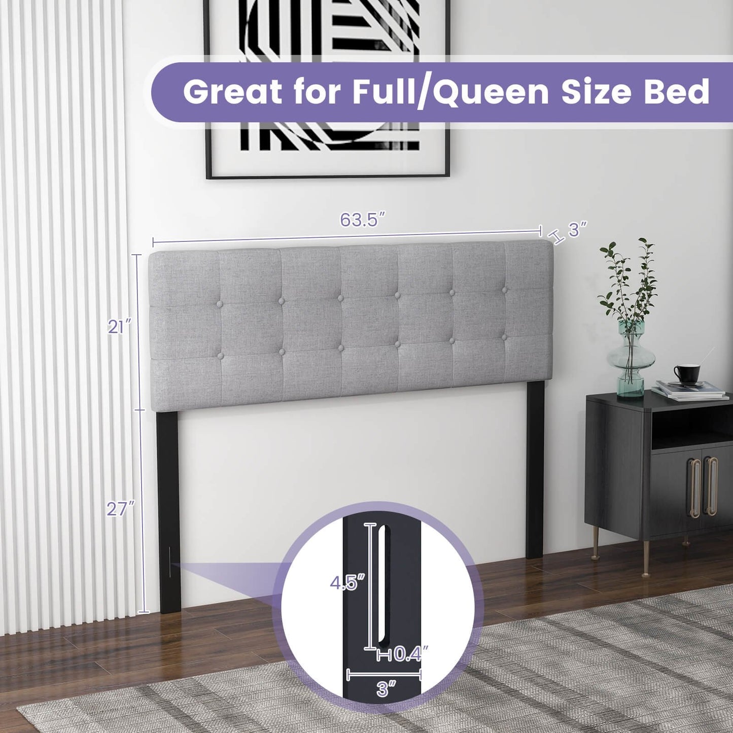 Upholstered Headboard with Solid Rubber Wood Legs for Full/Queen Beds - Grey