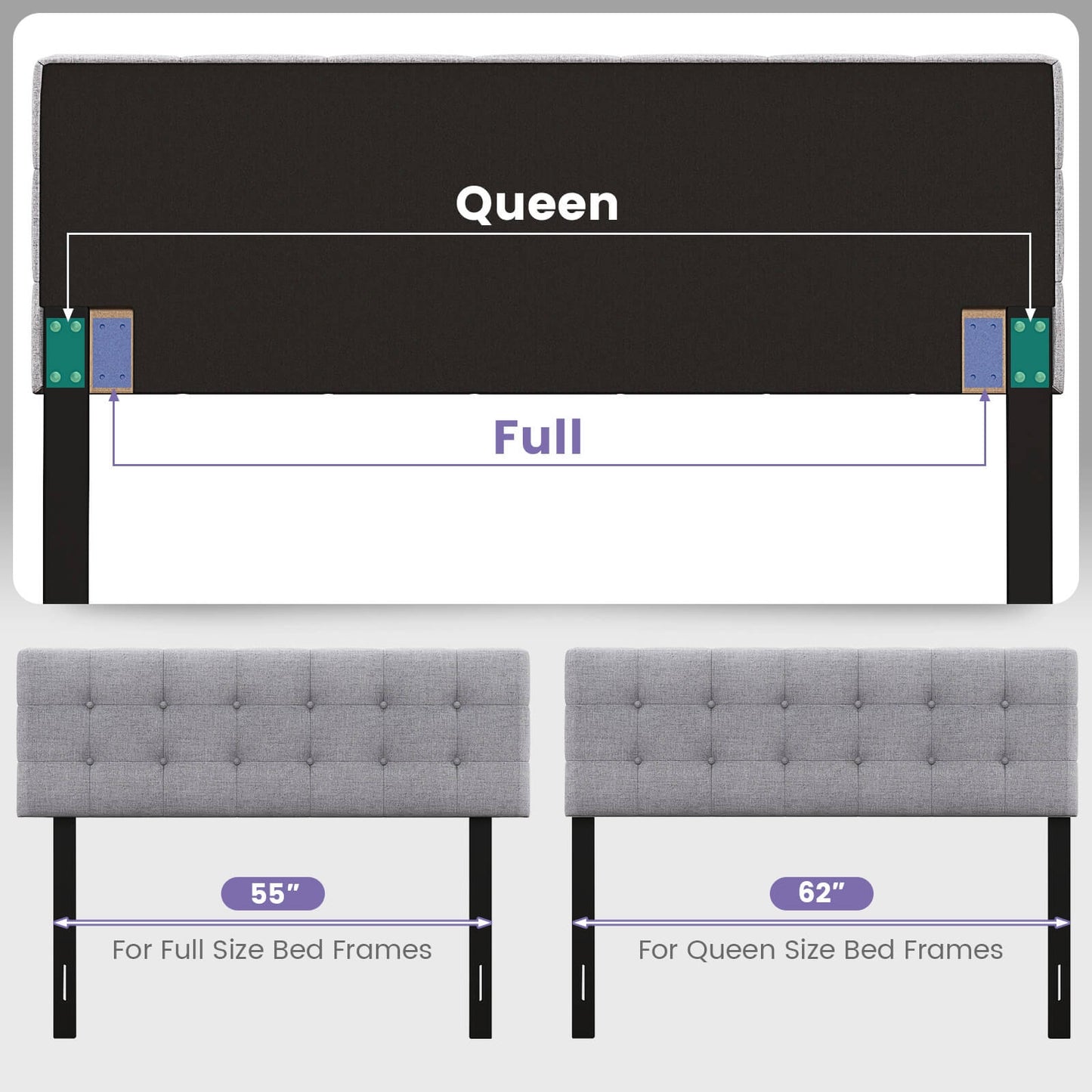 Upholstered Headboard with Solid Rubber Wood Legs for Full/Queen Beds - Grey