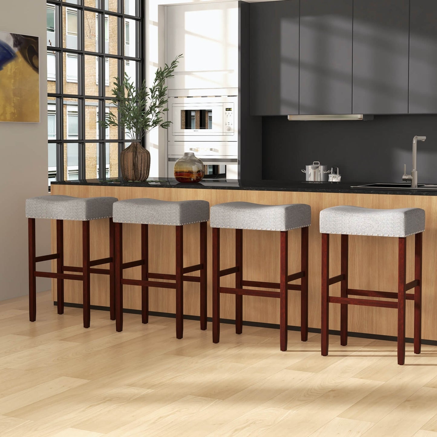 Set of 2 Upholstered 29 Inch Bar Stools with Grey Linen Seats and Solid Rubber Wood Legs