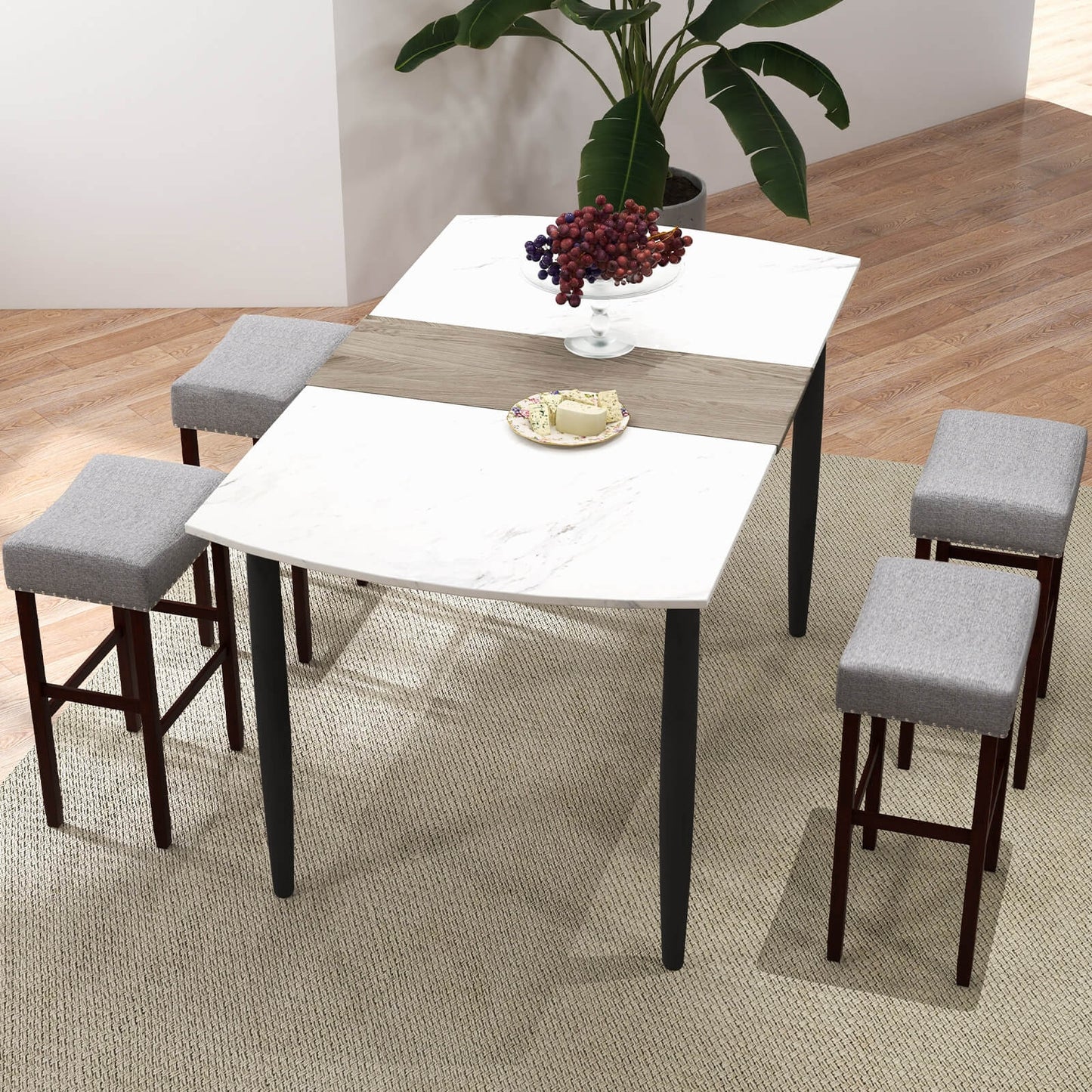 Set of 2 Upholstered 29 Inch Bar Stools with Grey Linen Seats and Solid Rubber Wood Legs