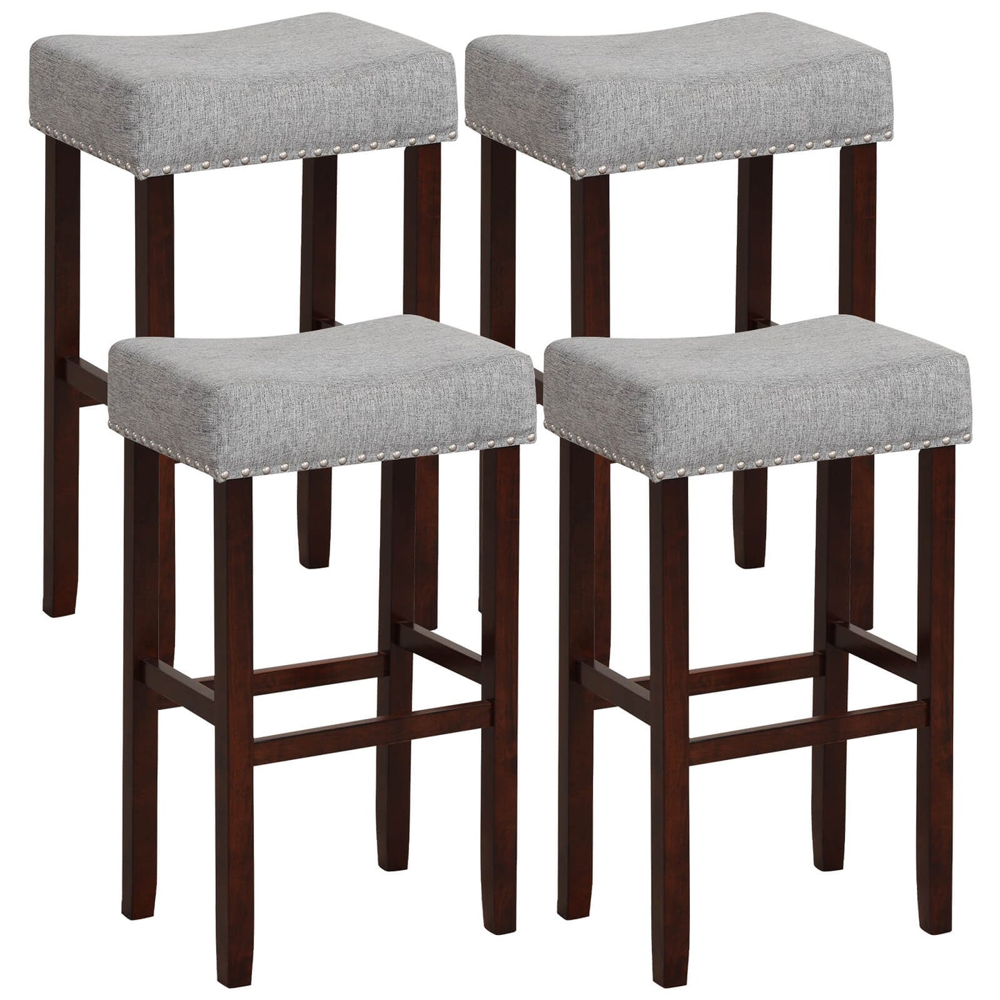 Set of 2 Upholstered 29 Inch Bar Stools with Grey Linen Seats and Solid Rubber Wood Legs
