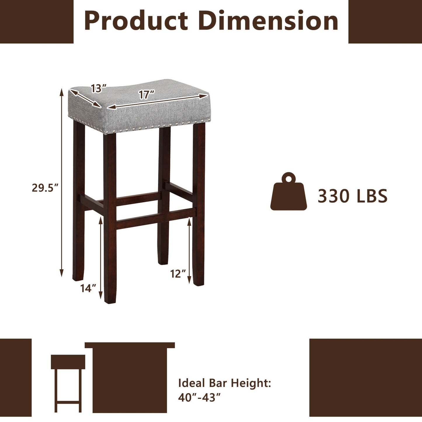 Set of 2 Upholstered 29 Inch Bar Stools with Grey Linen Seats and Solid Rubber Wood Legs