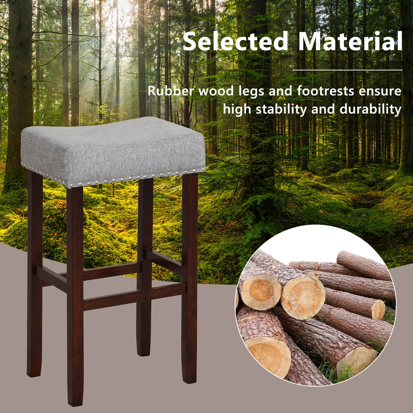 Set of 2 Upholstered 29 Inch Bar Stools with Grey Linen Seats and Solid Rubber Wood Legs