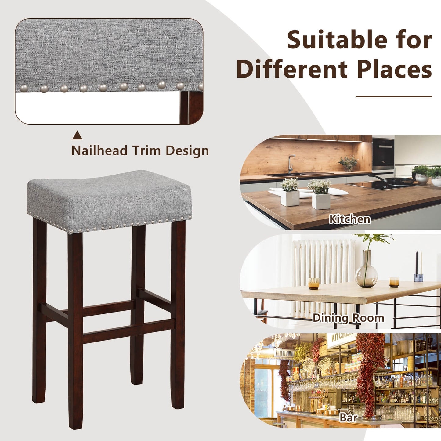 Set of 2 Upholstered 29 Inch Bar Stools with Grey Linen Seats and Solid Rubber Wood Legs