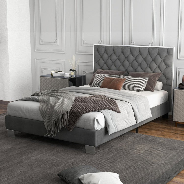 Luxurious Velvet Upholstered Platform Bed Frame with Button-Tufted Headboard – Full & Queen Size