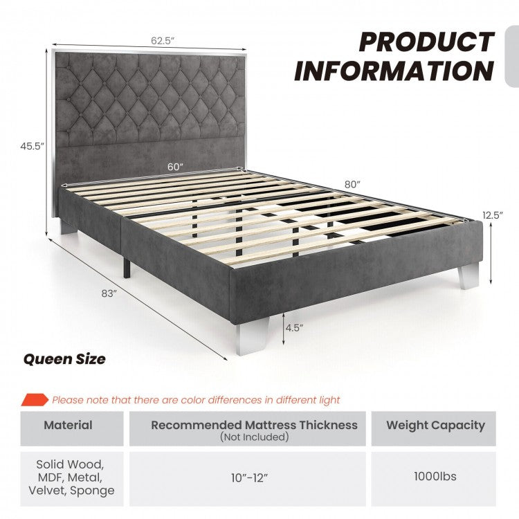 Luxurious Velvet Upholstered Platform Bed Frame with Button-Tufted Headboard – Full & Queen Size