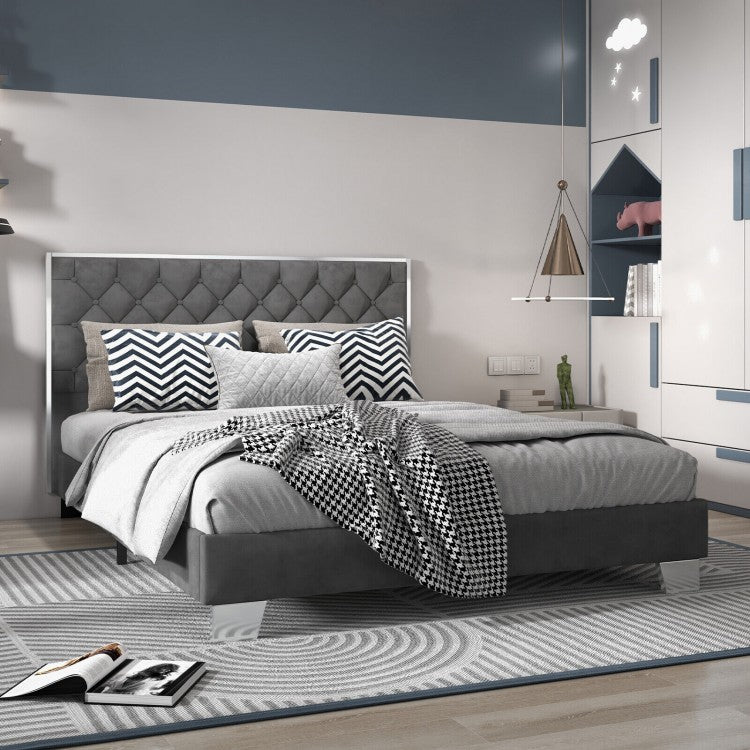 Luxurious Velvet Upholstered Platform Bed Frame with Button-Tufted Headboard – Full & Queen Size