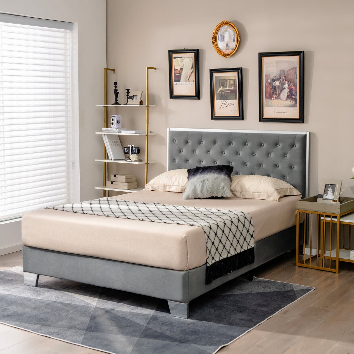 Luxurious Velvet Upholstered Platform Bed Frame with Button-Tufted Headboard – Full & Queen Size