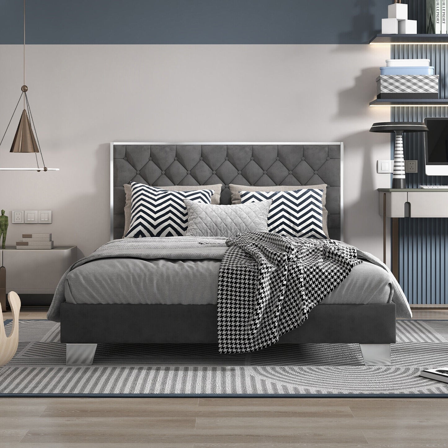 Luxurious Velvet Upholstered Platform Bed Frame with Button-Tufted Headboard – Full & Queen Size