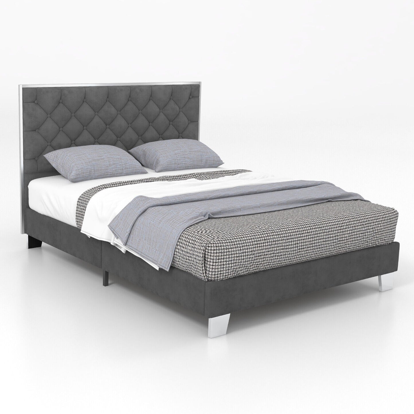 Luxurious Velvet Upholstered Platform Bed Frame with Button-Tufted Headboard – Full & Queen Size