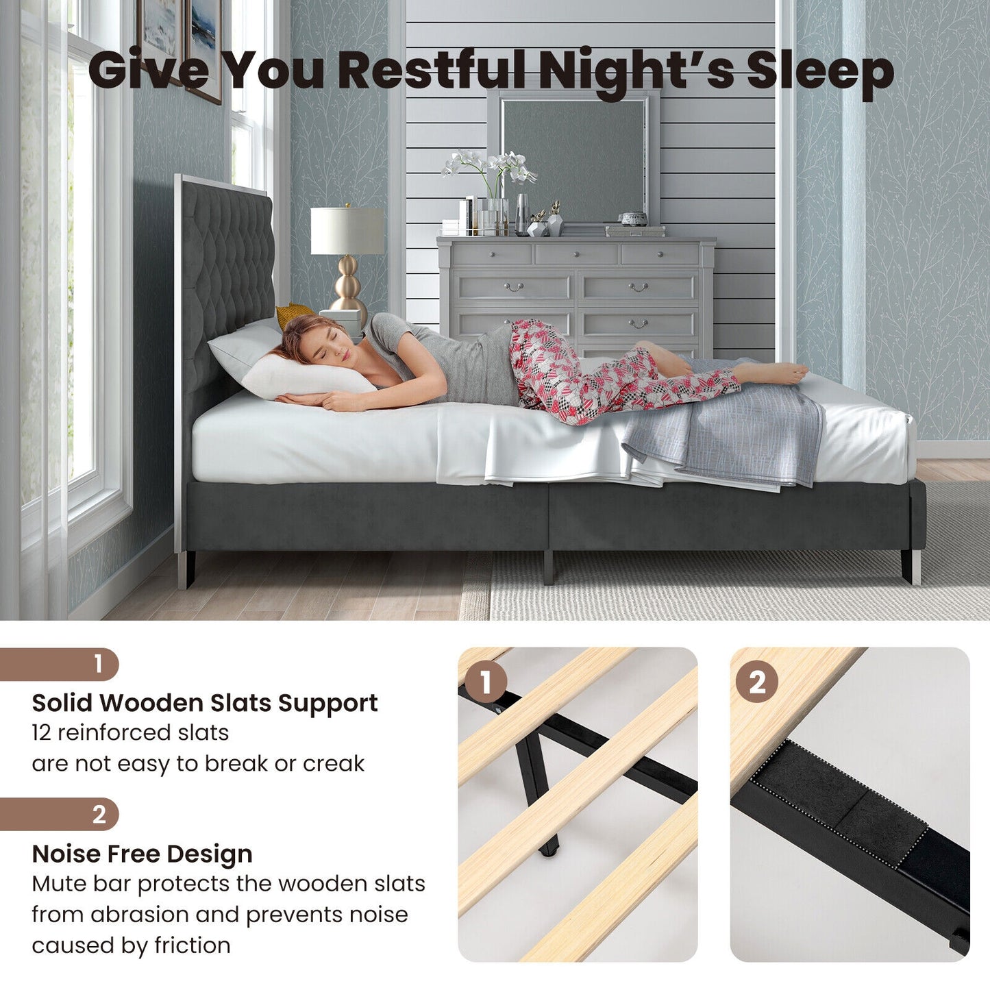 Luxurious Velvet Upholstered Platform Bed Frame with Button-Tufted Headboard – Full & Queen Size