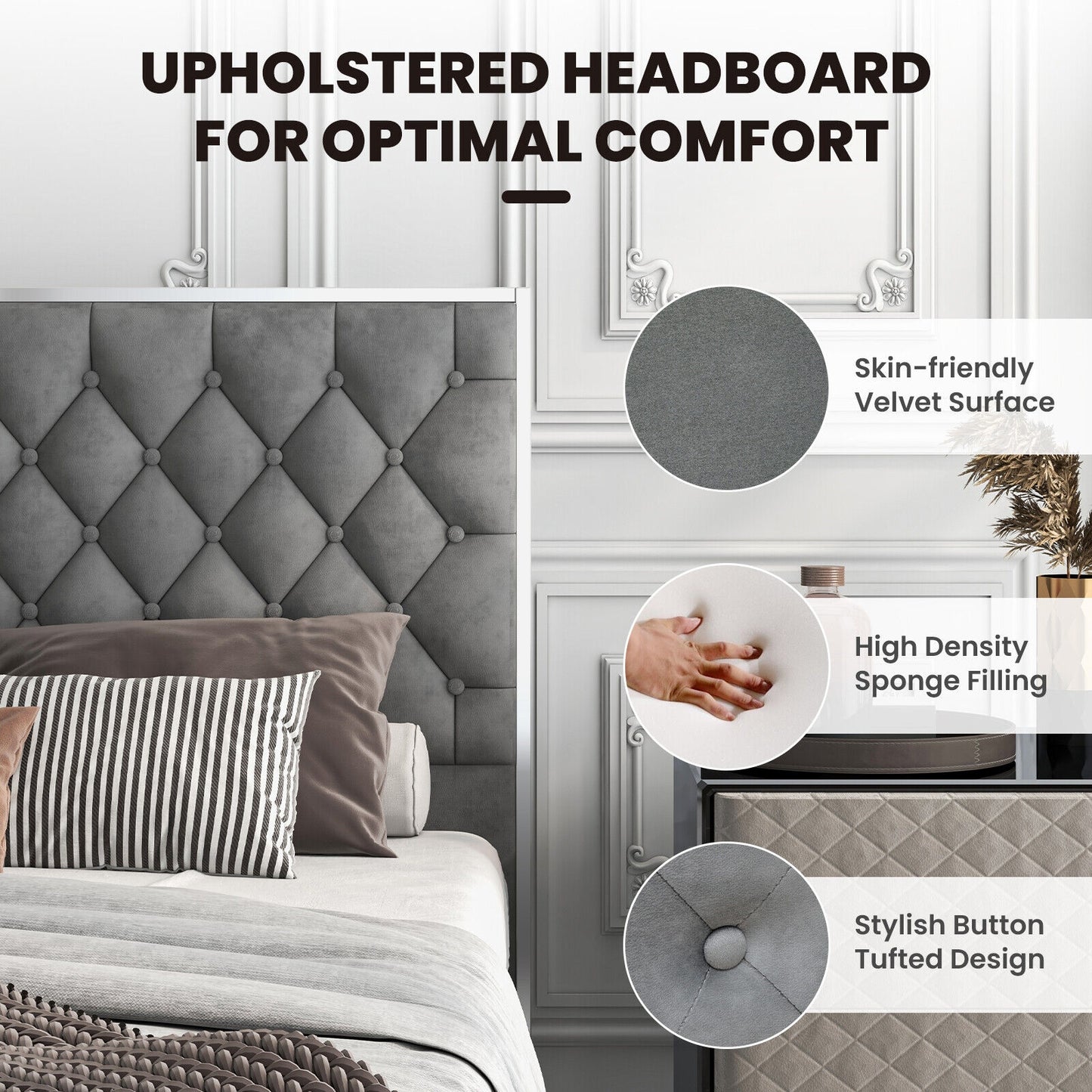 Luxurious Velvet Upholstered Platform Bed Frame with Button-Tufted Headboard – Full & Queen Size