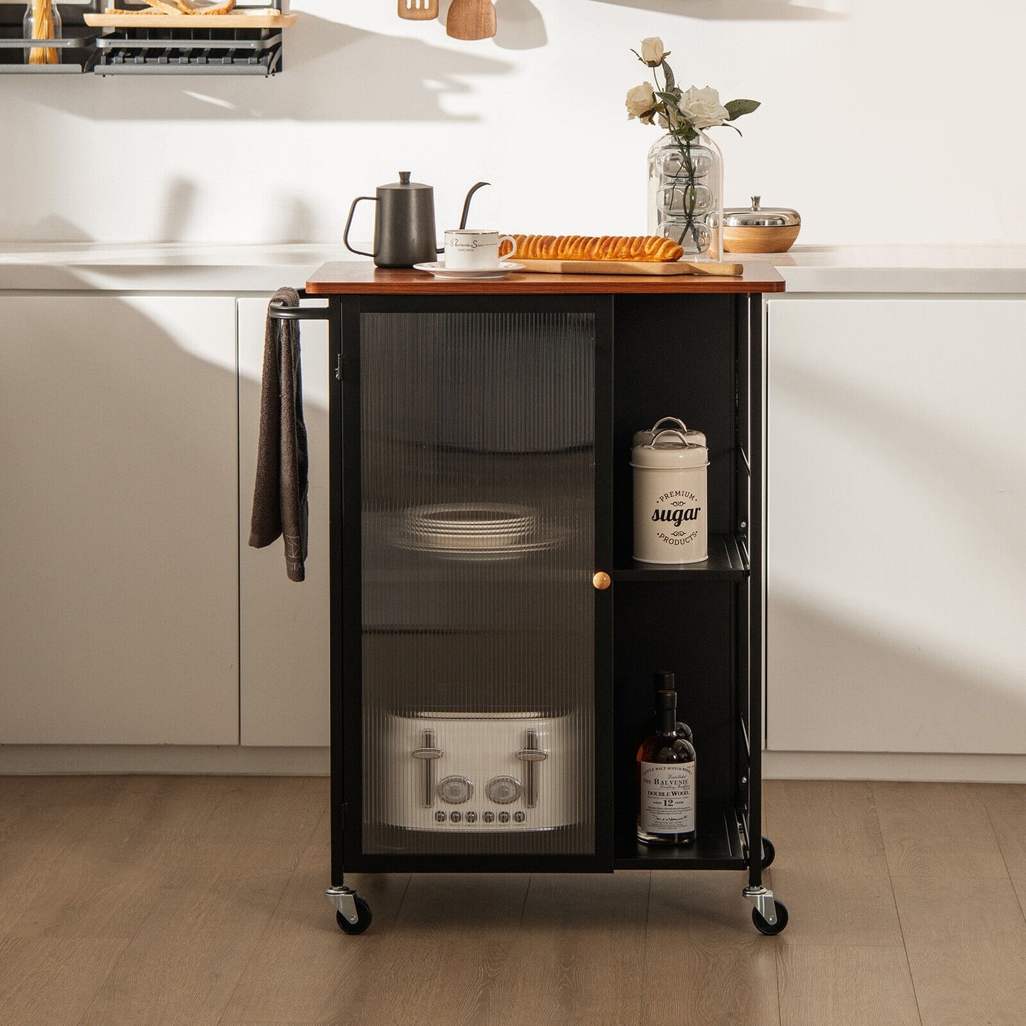 Rolling Kitchen Cart with Transparent Cabinet Door and Storage Shelves