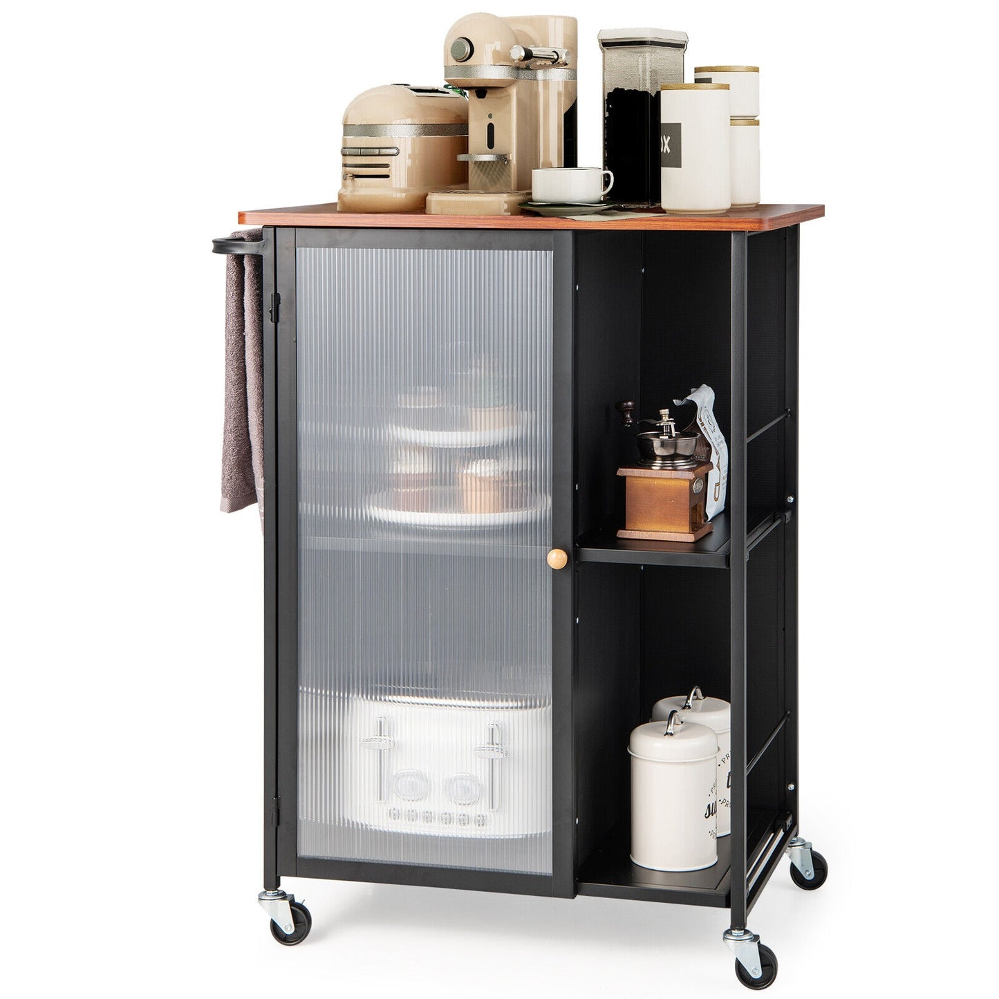 Rolling Kitchen Cart with Transparent Cabinet Door and Storage Shelves