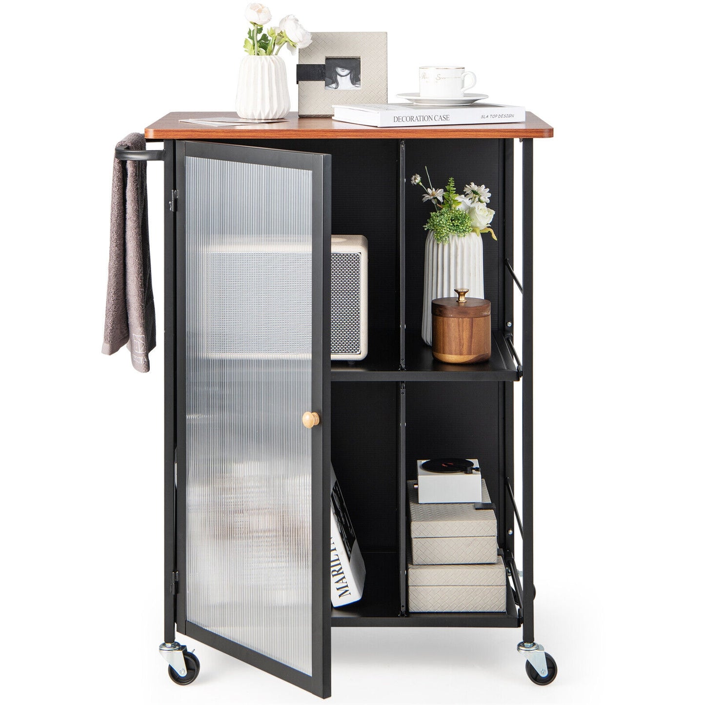 Rolling Kitchen Cart with Transparent Cabinet Door and Storage Shelves