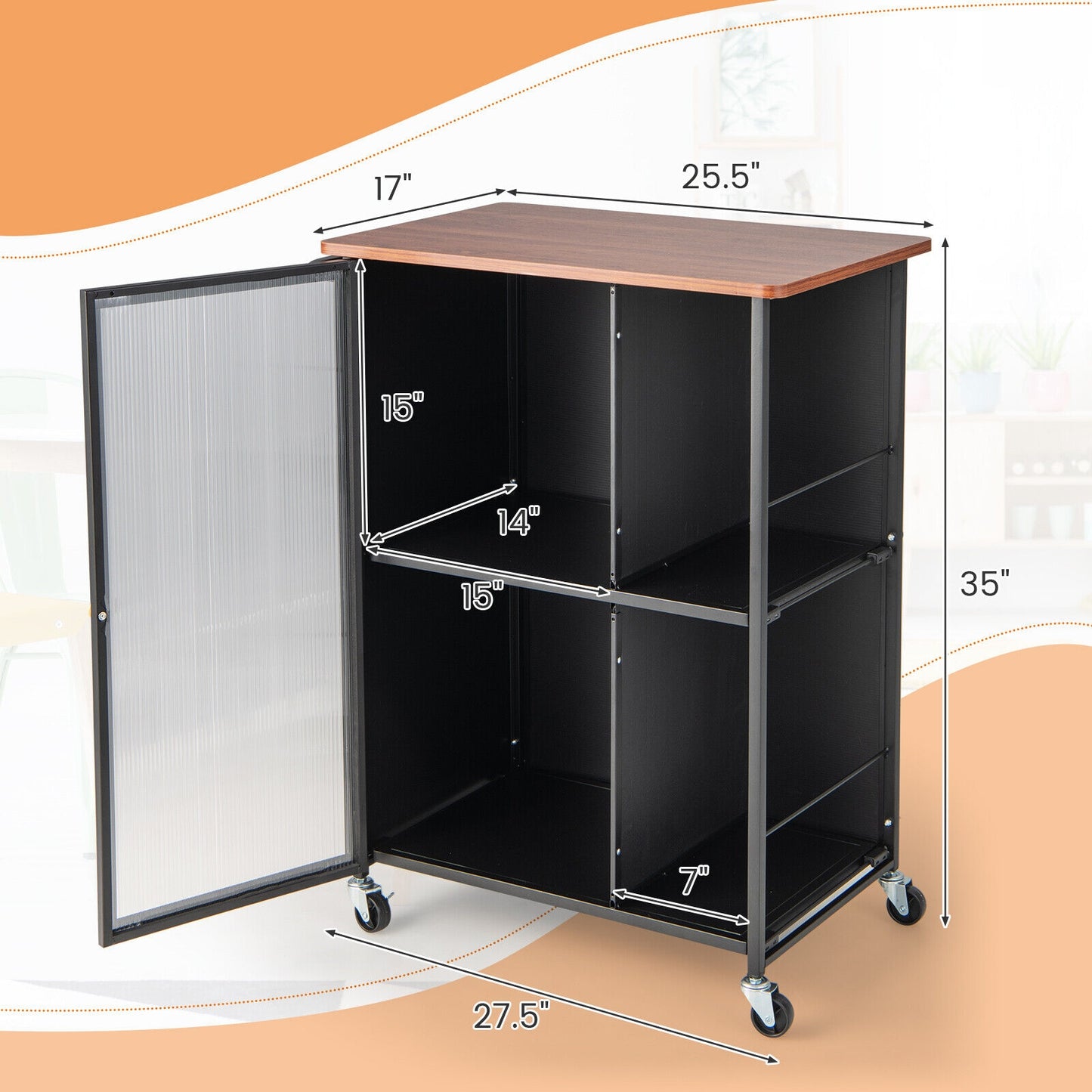 Rolling Kitchen Cart with Transparent Cabinet Door and Storage Shelves