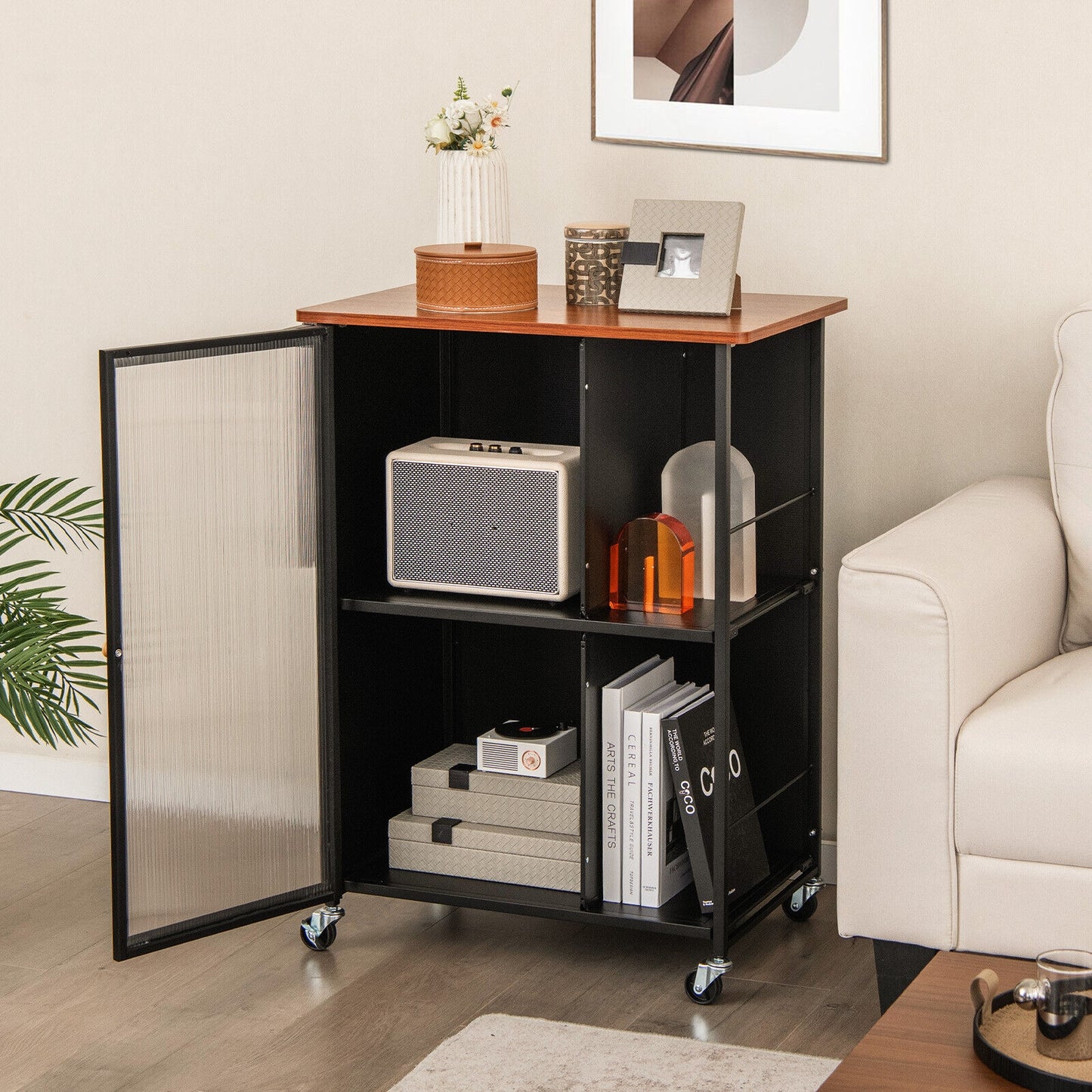 Rolling Kitchen Cart with Transparent Cabinet Door and Storage Shelves