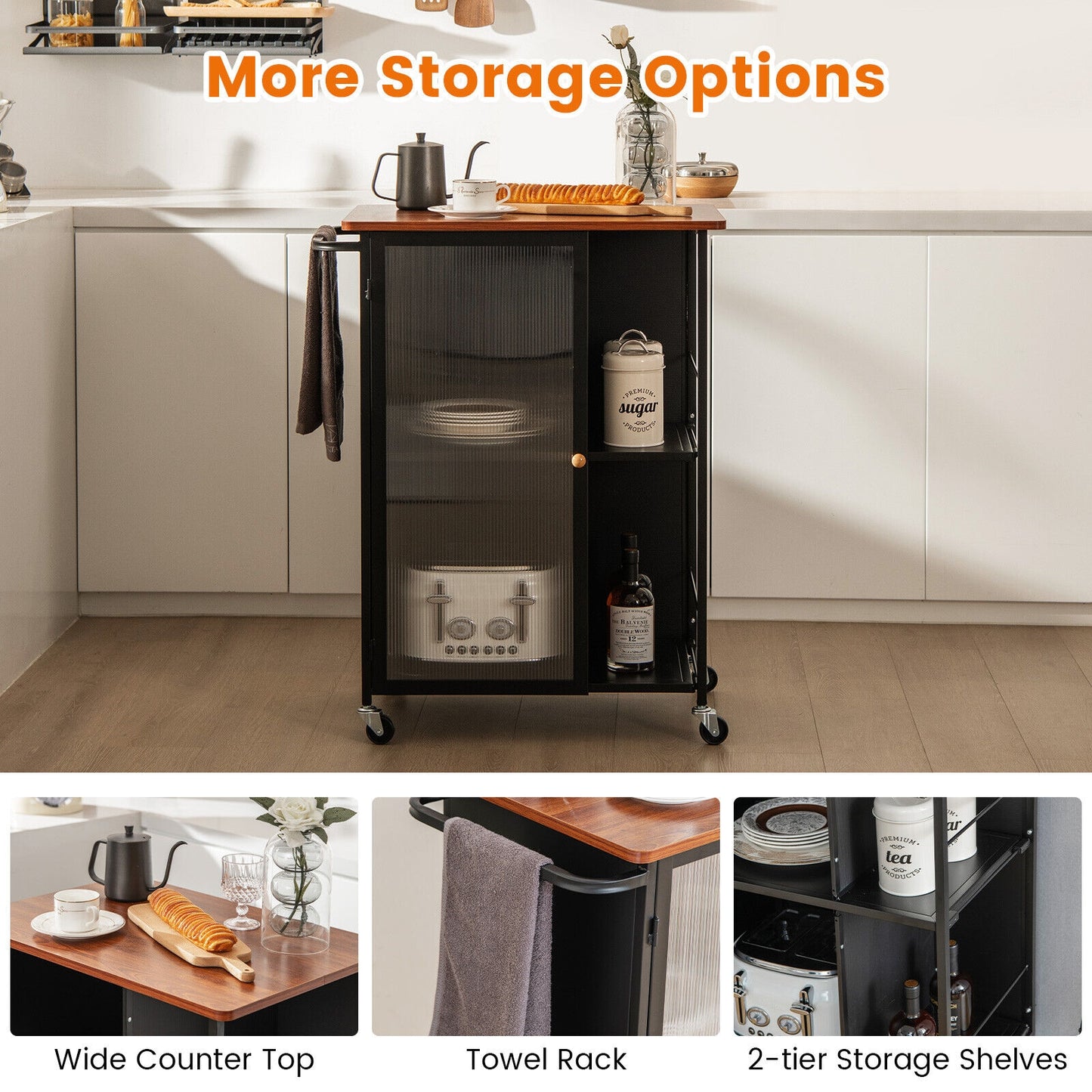 Rolling Kitchen Cart with Transparent Cabinet Door and Storage Shelves