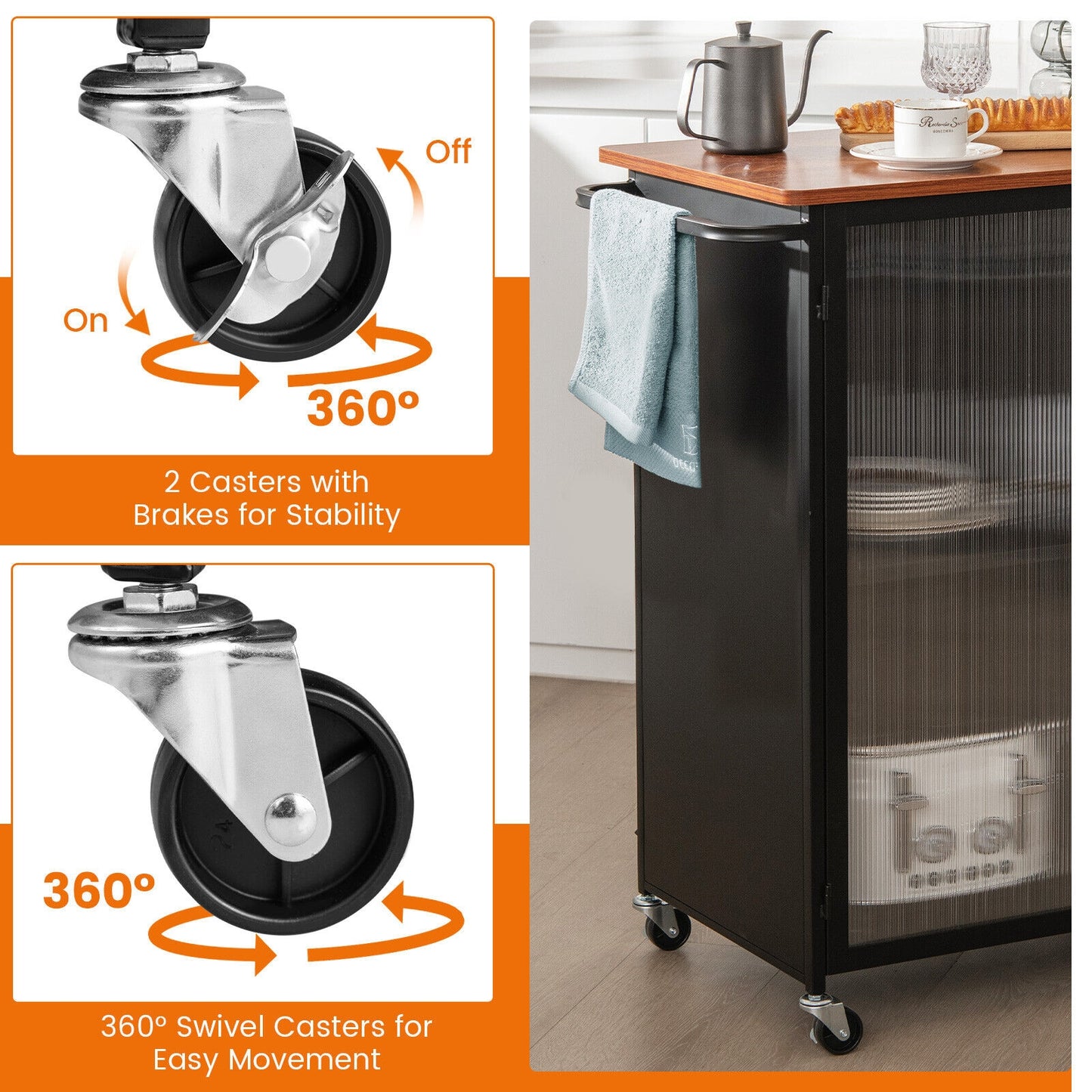 Rolling Kitchen Cart with Transparent Cabinet Door and Storage Shelves