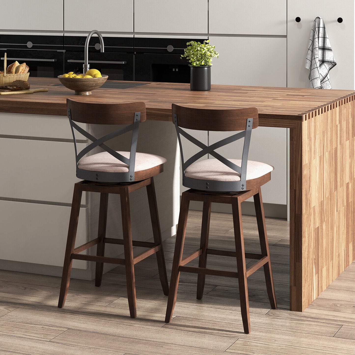 Set of 2 Swivel Bar Stools with Cushioned Seats and Wooden X Backrest at 30 Inch Counter Height