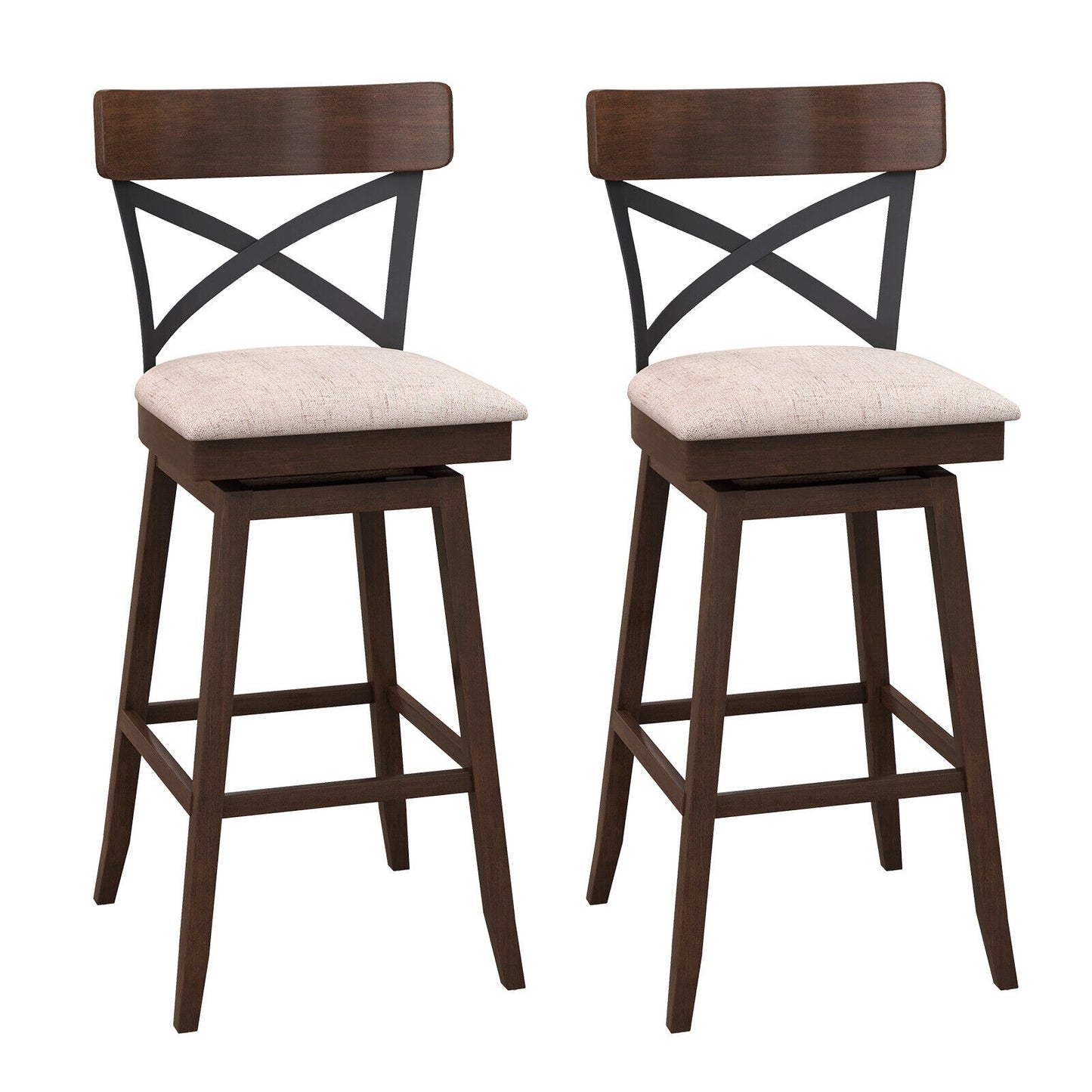 Set of 2 Swivel Bar Stools with Cushioned Seats and Wooden X Backrest at 30 Inch Counter Height