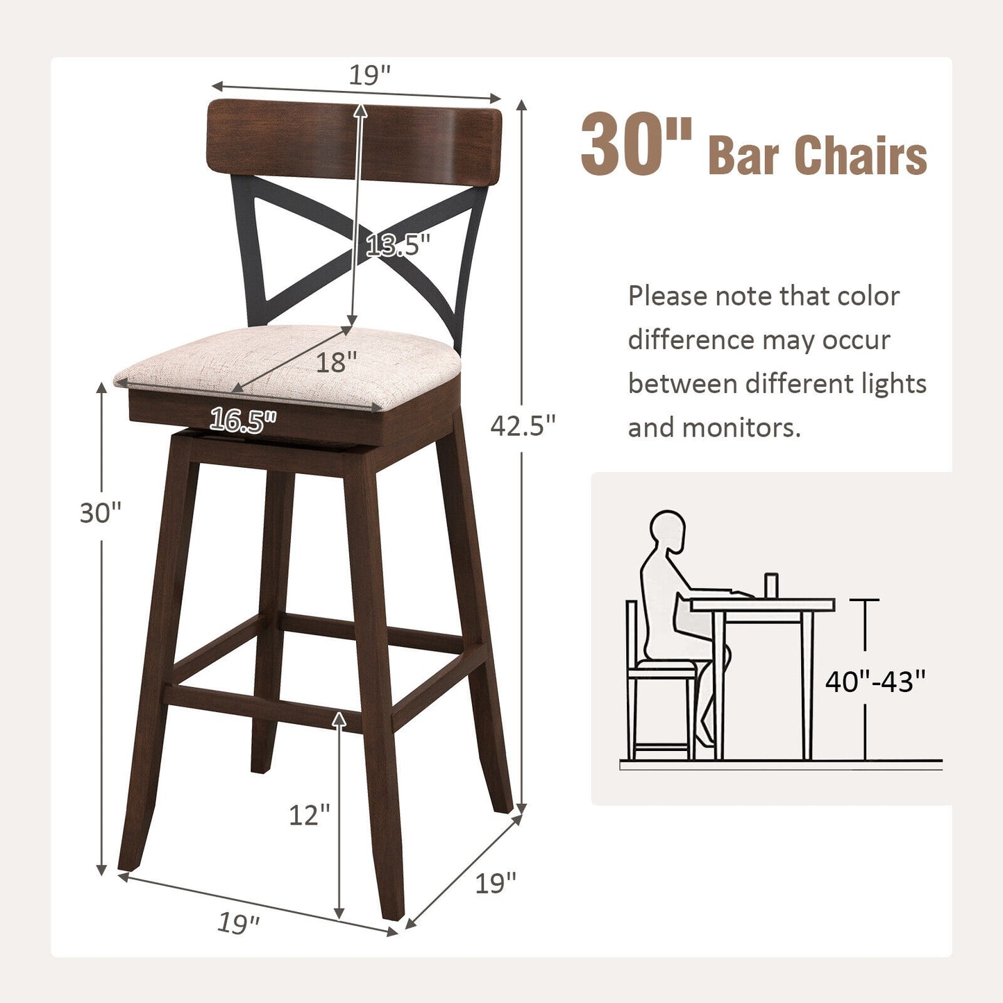 Set of 2 Swivel Bar Stools with Cushioned Seats and Wooden X Backrest at 30 Inch Counter Height