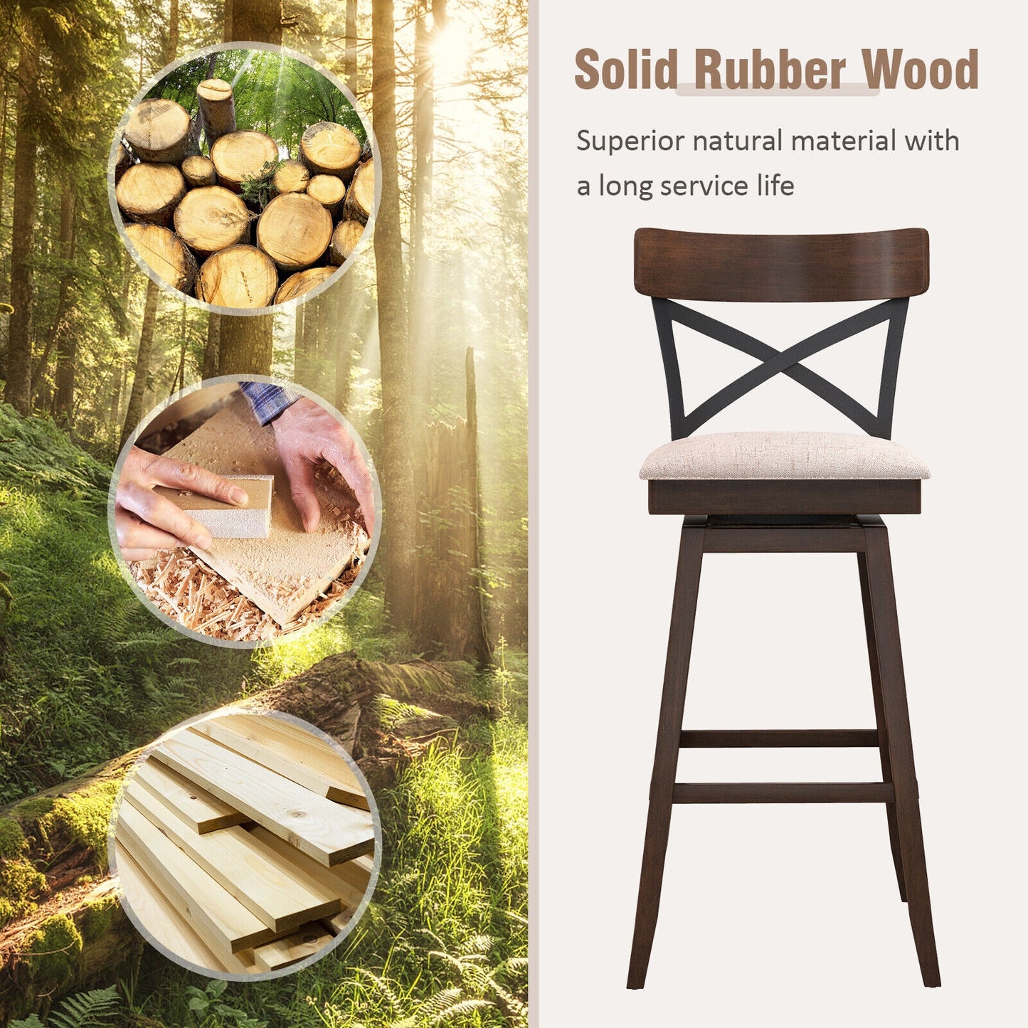 Set of 2 Swivel Bar Stools with Cushioned Seats and Wooden X Backrest at 30 Inch Counter Height