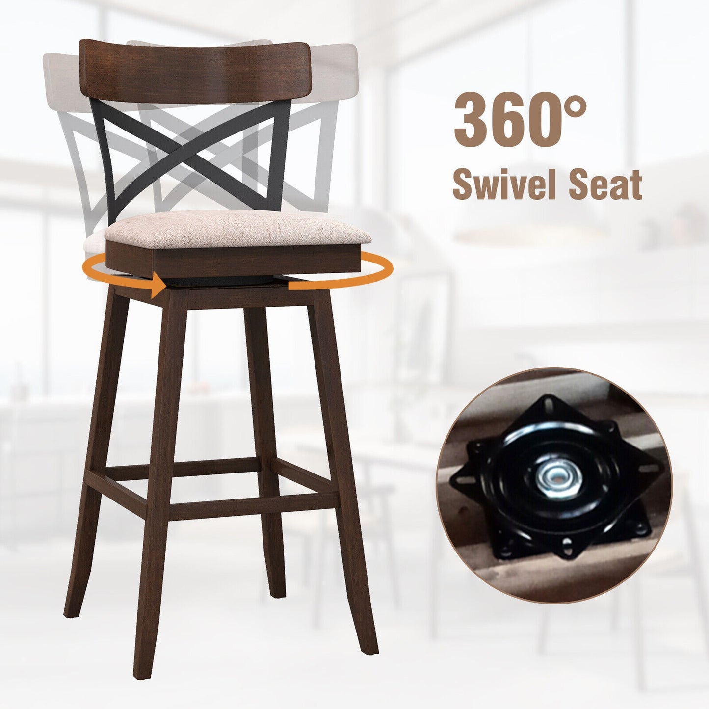 Set of 2 Swivel Bar Stools with Cushioned Seats and Wooden X Backrest at 30 Inch Counter Height