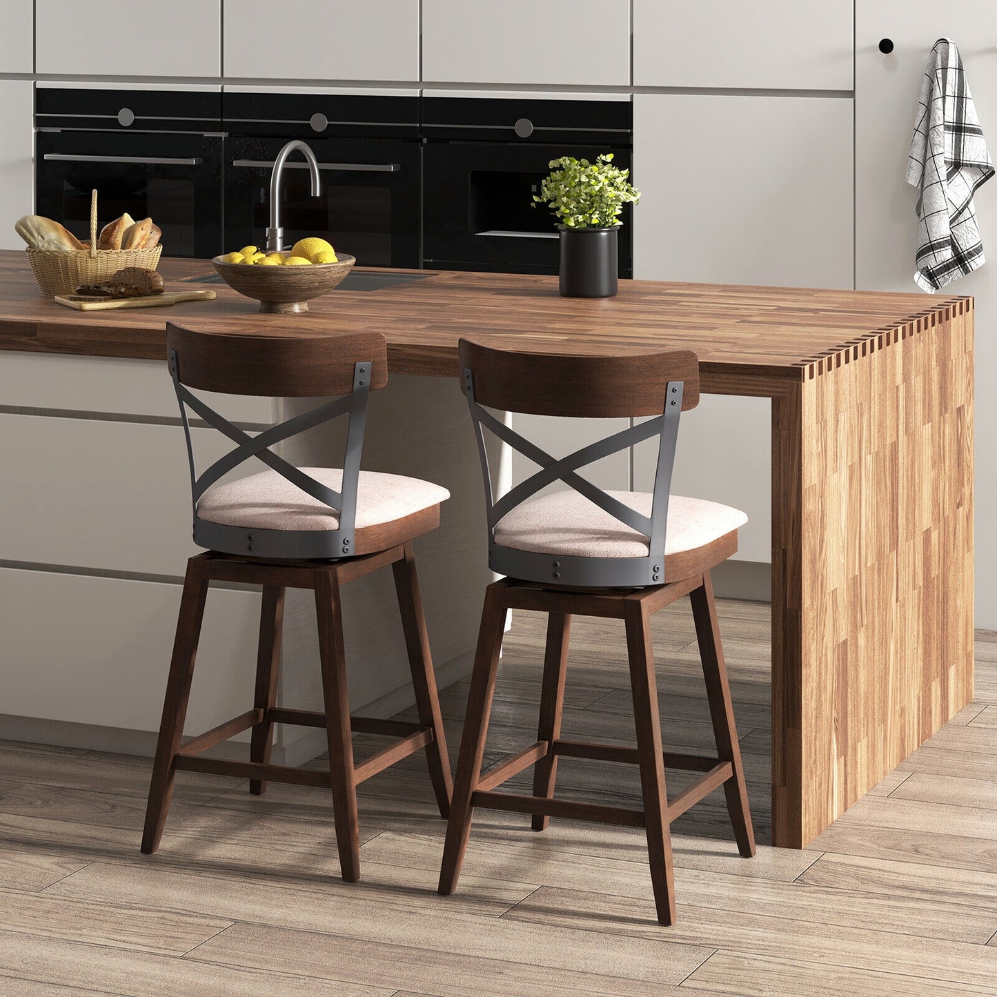 Set of 2 Swivel Bar Stools with Cushioned Seats and Wooden X Backrest at 25 Inch Counter Height