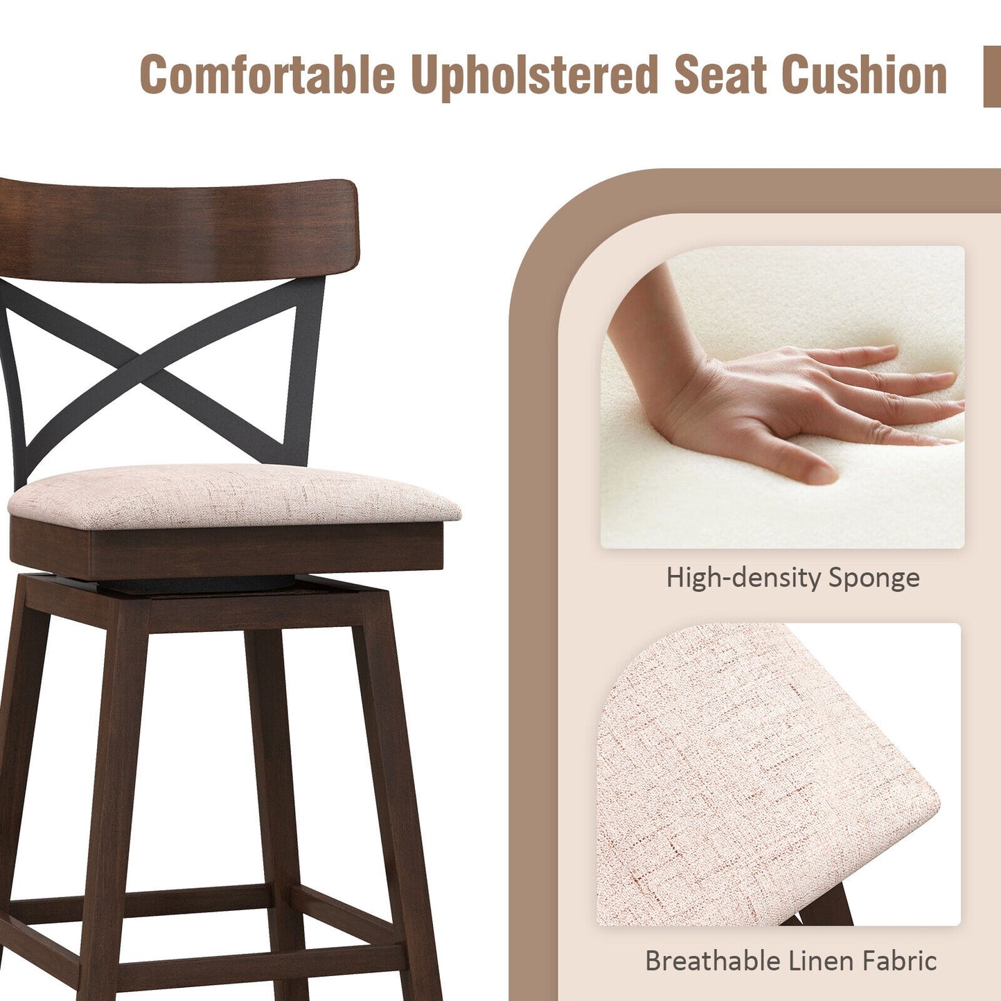 Set of 2 Swivel Bar Stools with Cushioned Seats and Wooden X Backrest at 30 Inch Counter Height