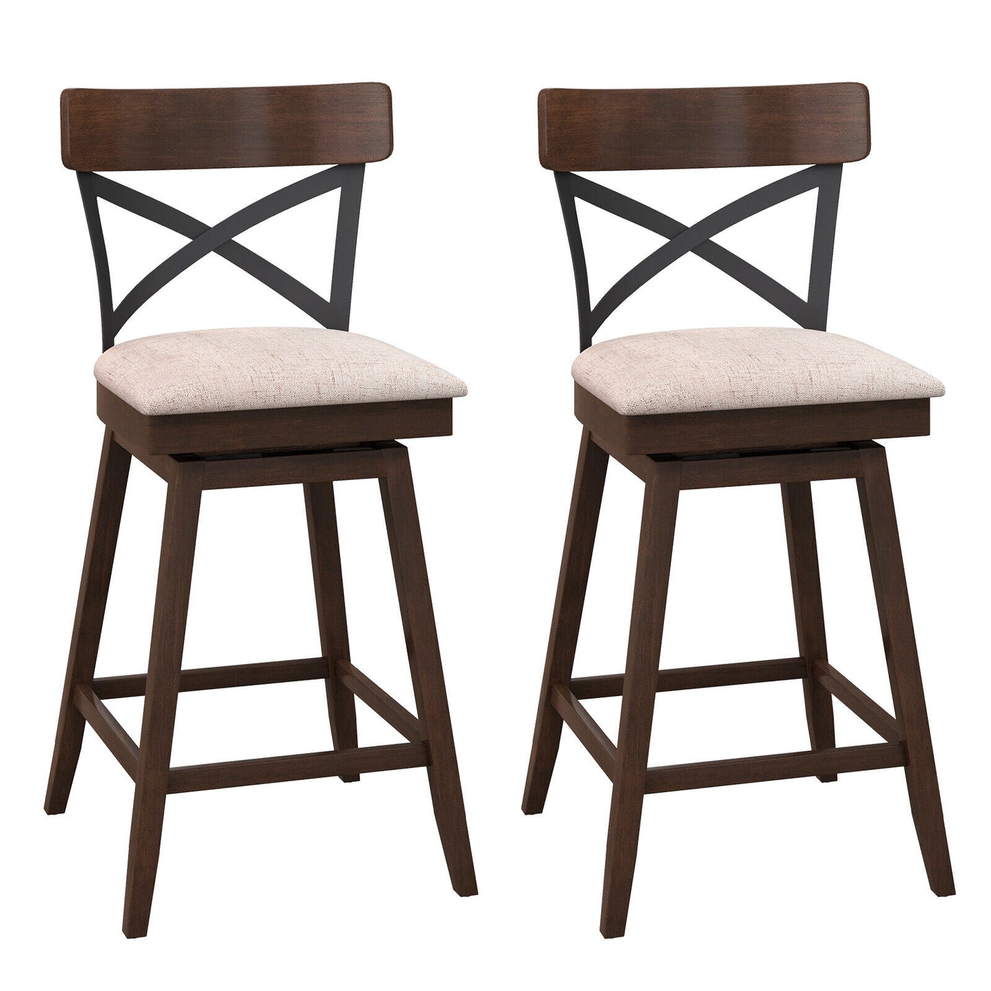Set of 2 Swivel Bar Stools with Cushioned Seats and Wooden X Backrest at 25 Inch Counter Height