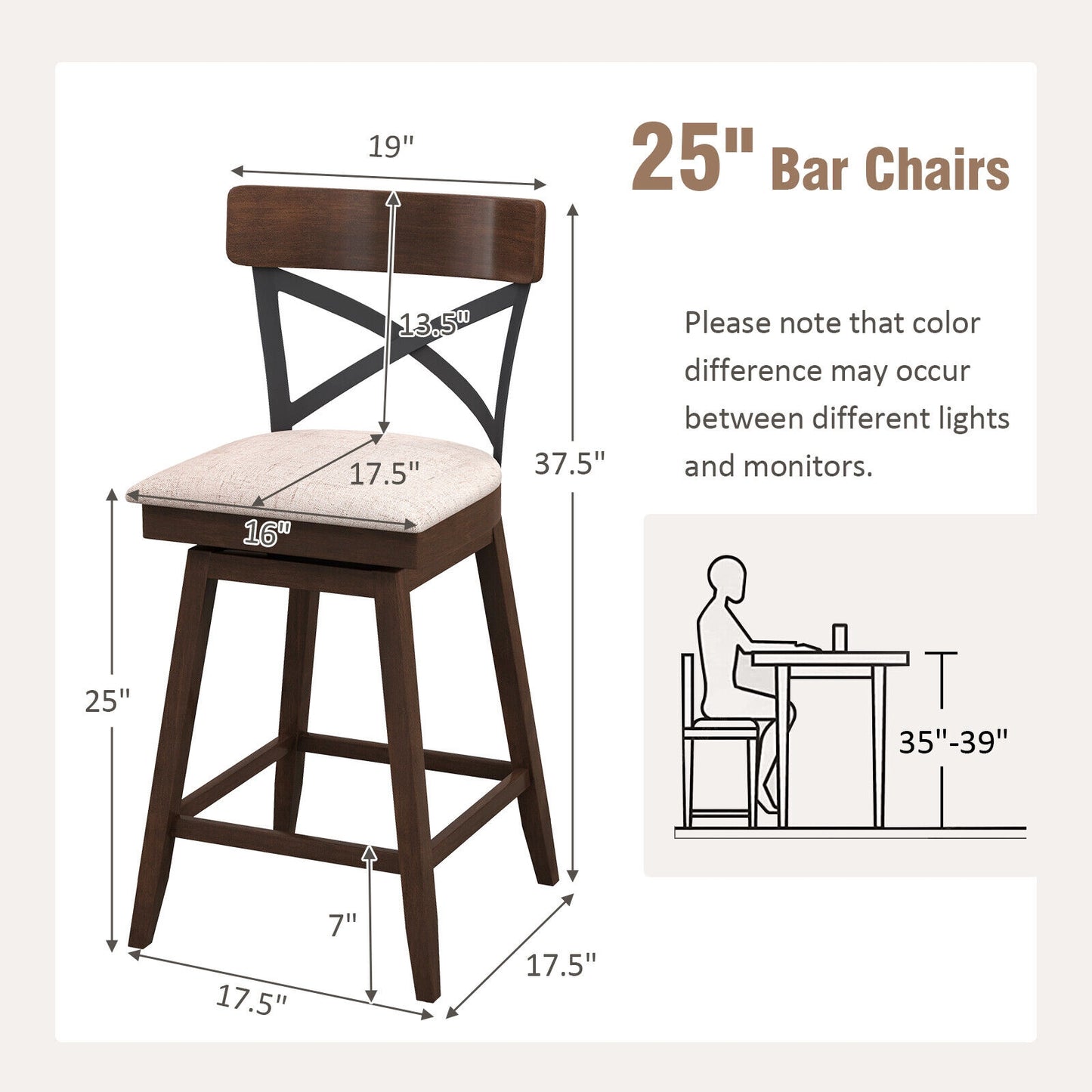 Set of 2 Swivel Bar Stools with Cushioned Seats and Wooden X Backrest at 25 Inch Counter Height