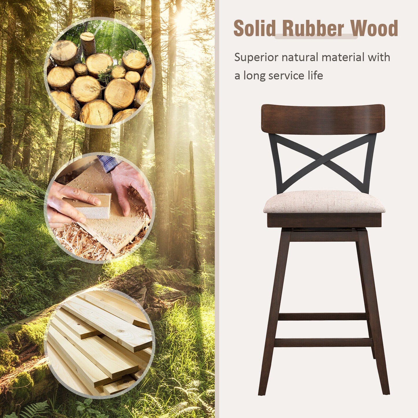 Set of 2 Swivel Bar Stools with Cushioned Seats and Wooden X Backrest at 25 Inch Counter Height