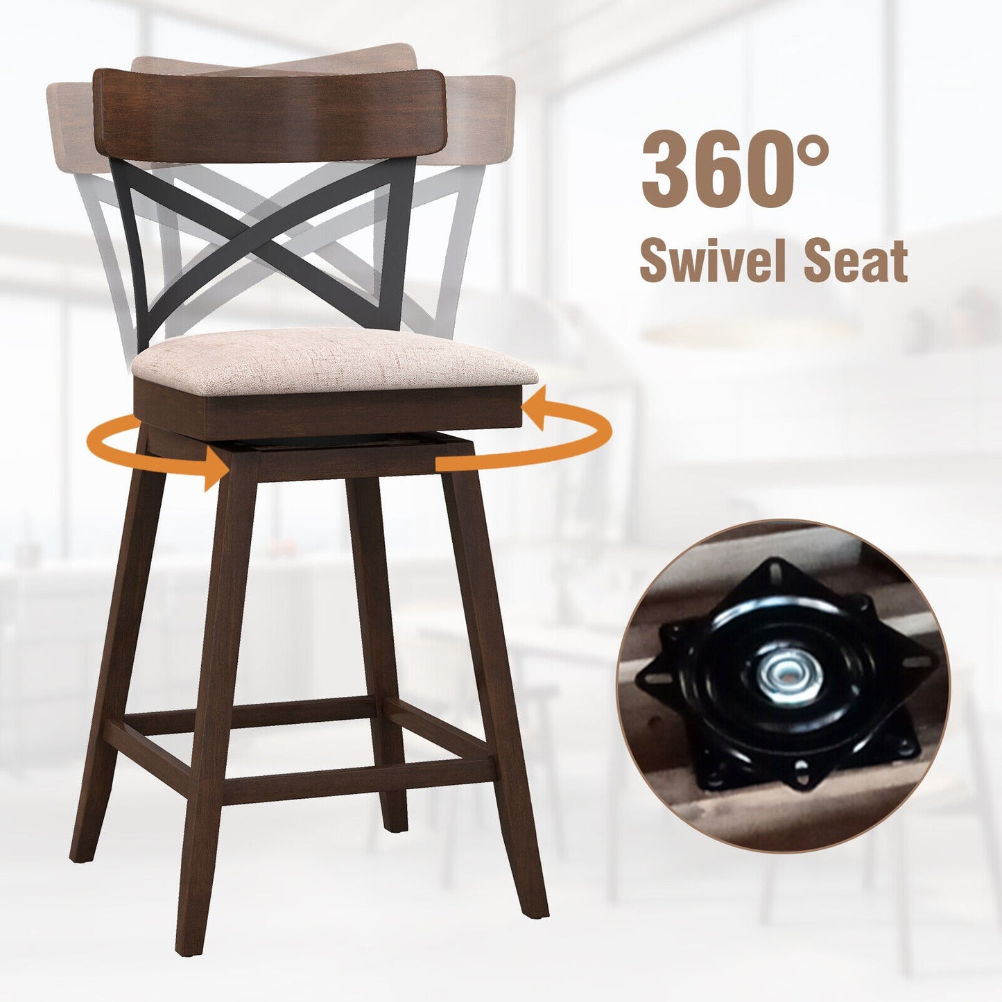 Set of 2 Swivel Bar Stools with Cushioned Seats and Wooden X Backrest at 25 Inch Counter Height