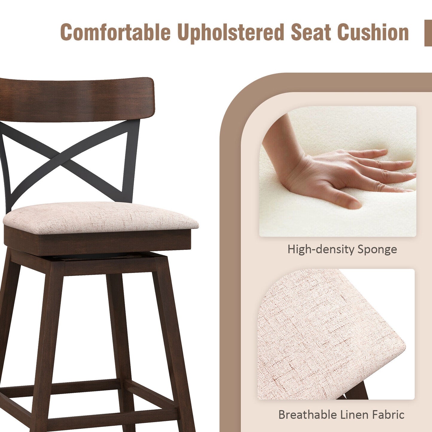 Set of 2 Swivel Bar Stools with Cushioned Seats and Wooden X Backrest at 25 Inch Counter Height