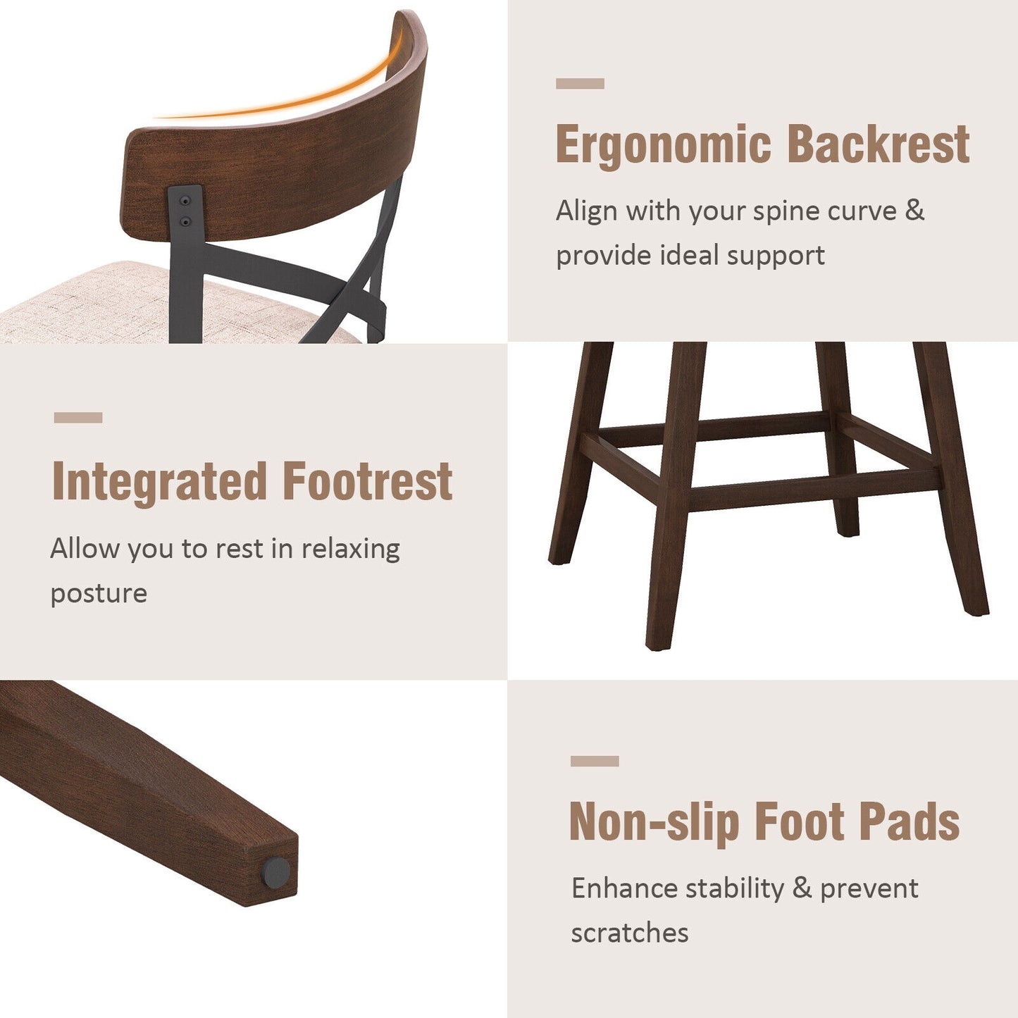 Set of 2 Swivel Bar Stools with Cushioned Seats and Wooden X Backrest at 25 Inch Counter Height