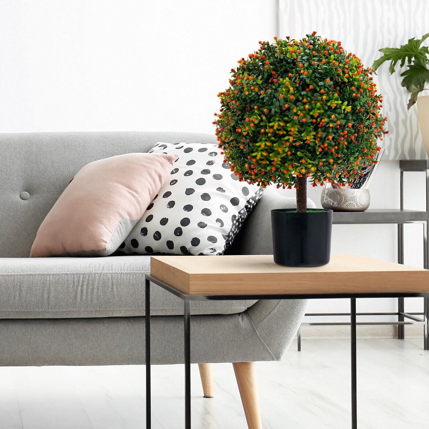 Set of 2 Artificial Boxwood Topiary Ball Trees with Lifelike Greenery & Orange Fruits