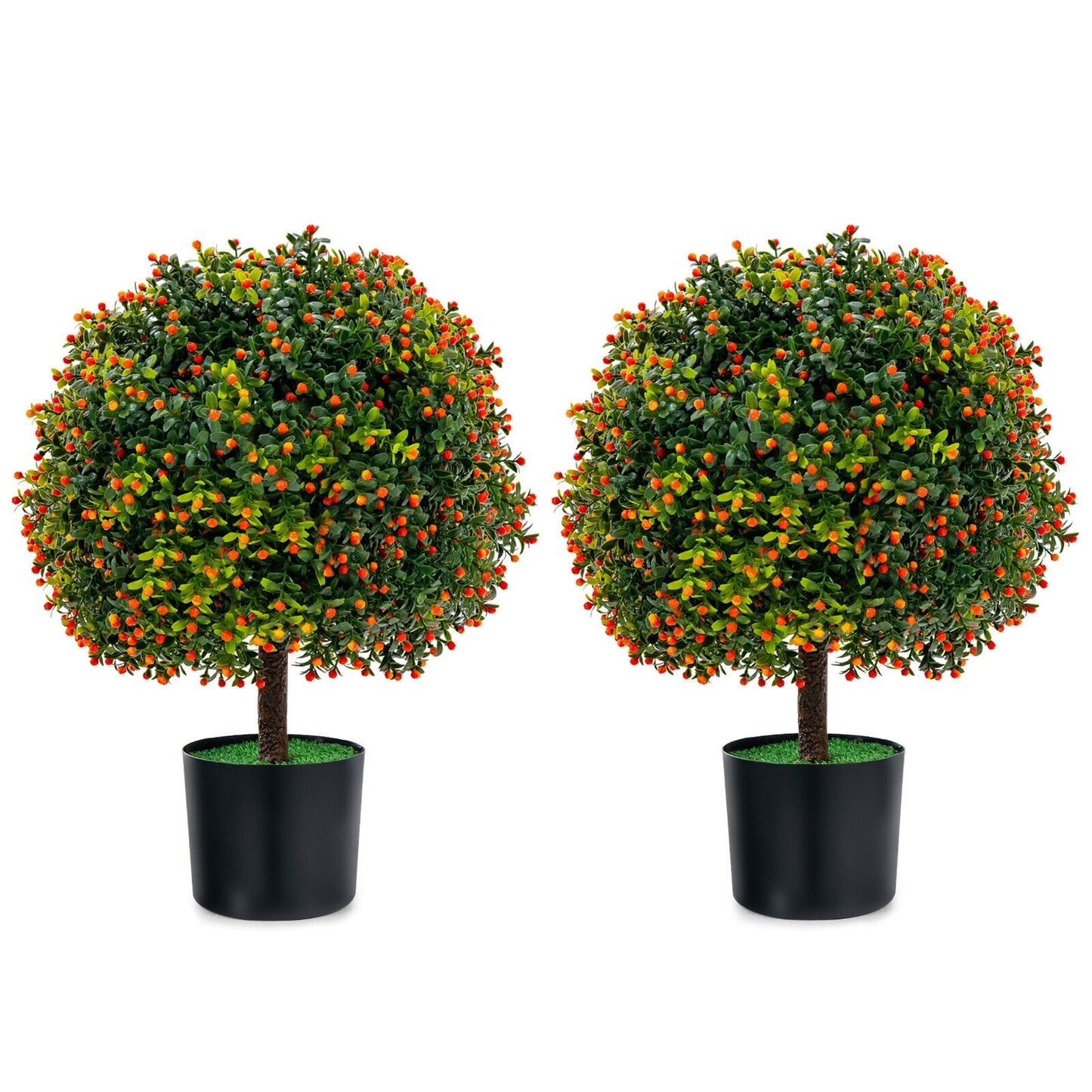 Set of 2 Artificial Boxwood Topiary Ball Trees with Lifelike Greenery & Orange Fruits
