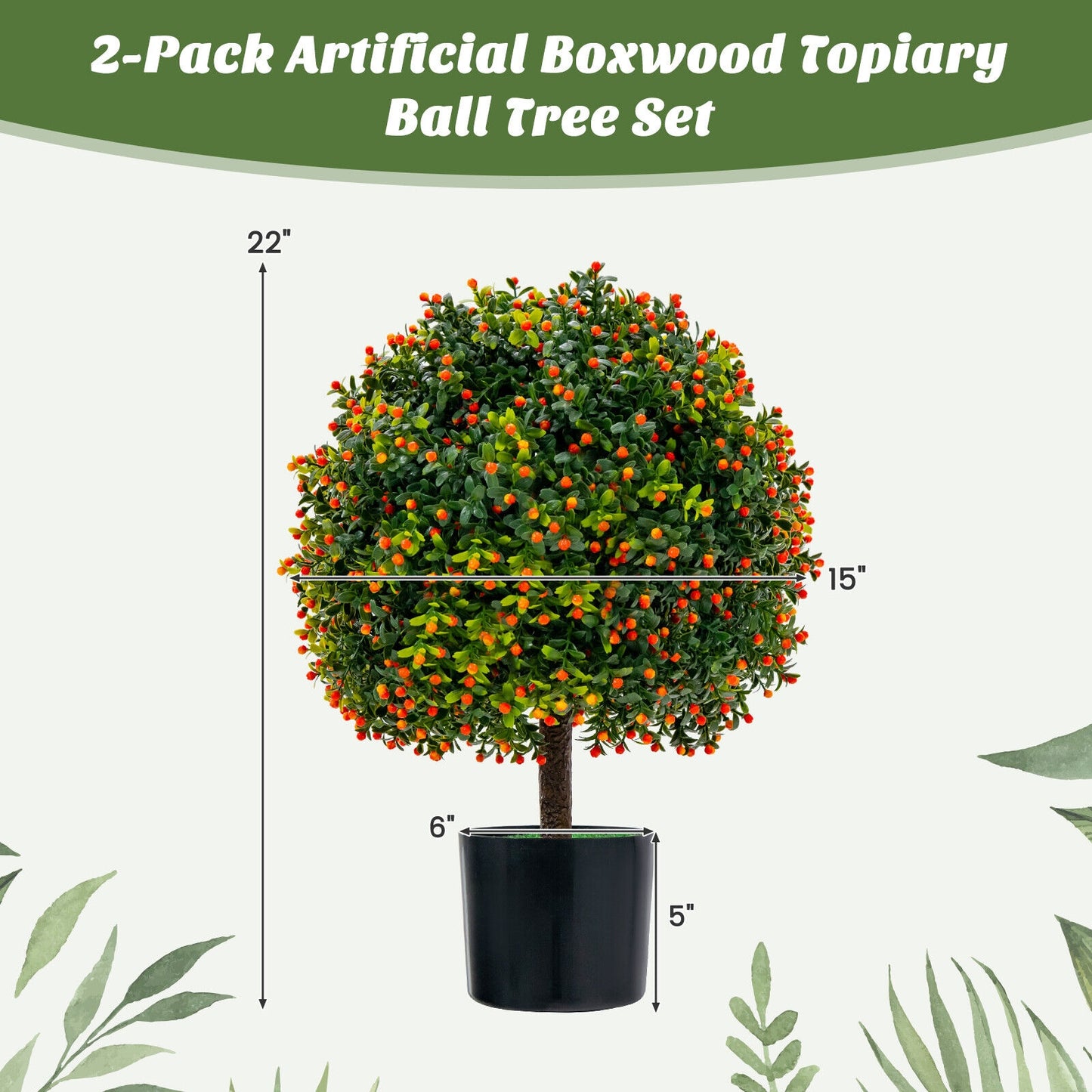 Set of 2 Artificial Boxwood Topiary Ball Trees with Lifelike Greenery & Orange Fruits