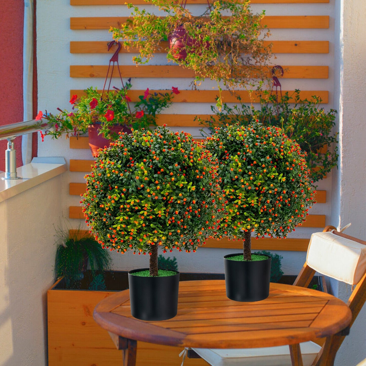 Set of 2 Artificial Boxwood Topiary Ball Trees with Lifelike Greenery & Orange Fruits
