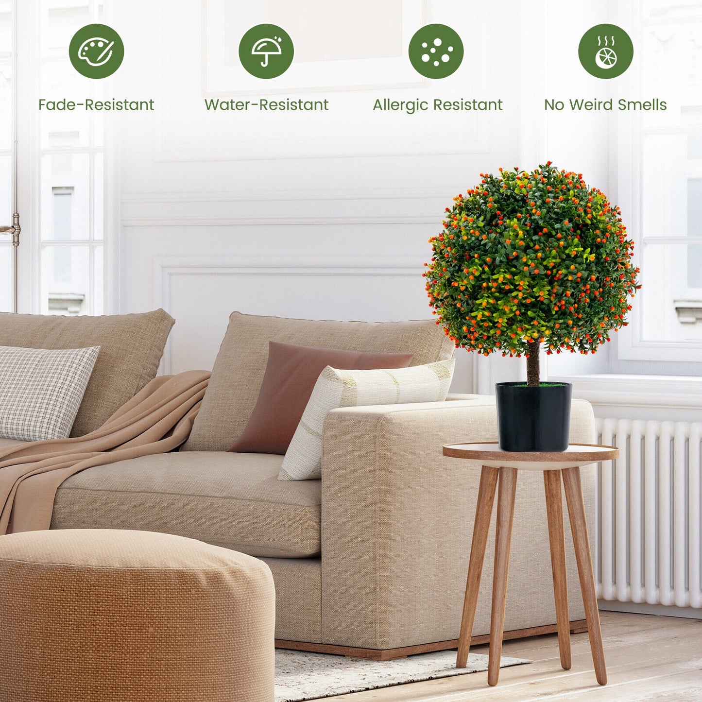 Set of 2 Artificial Boxwood Topiary Ball Trees with Lifelike Greenery & Orange Fruits