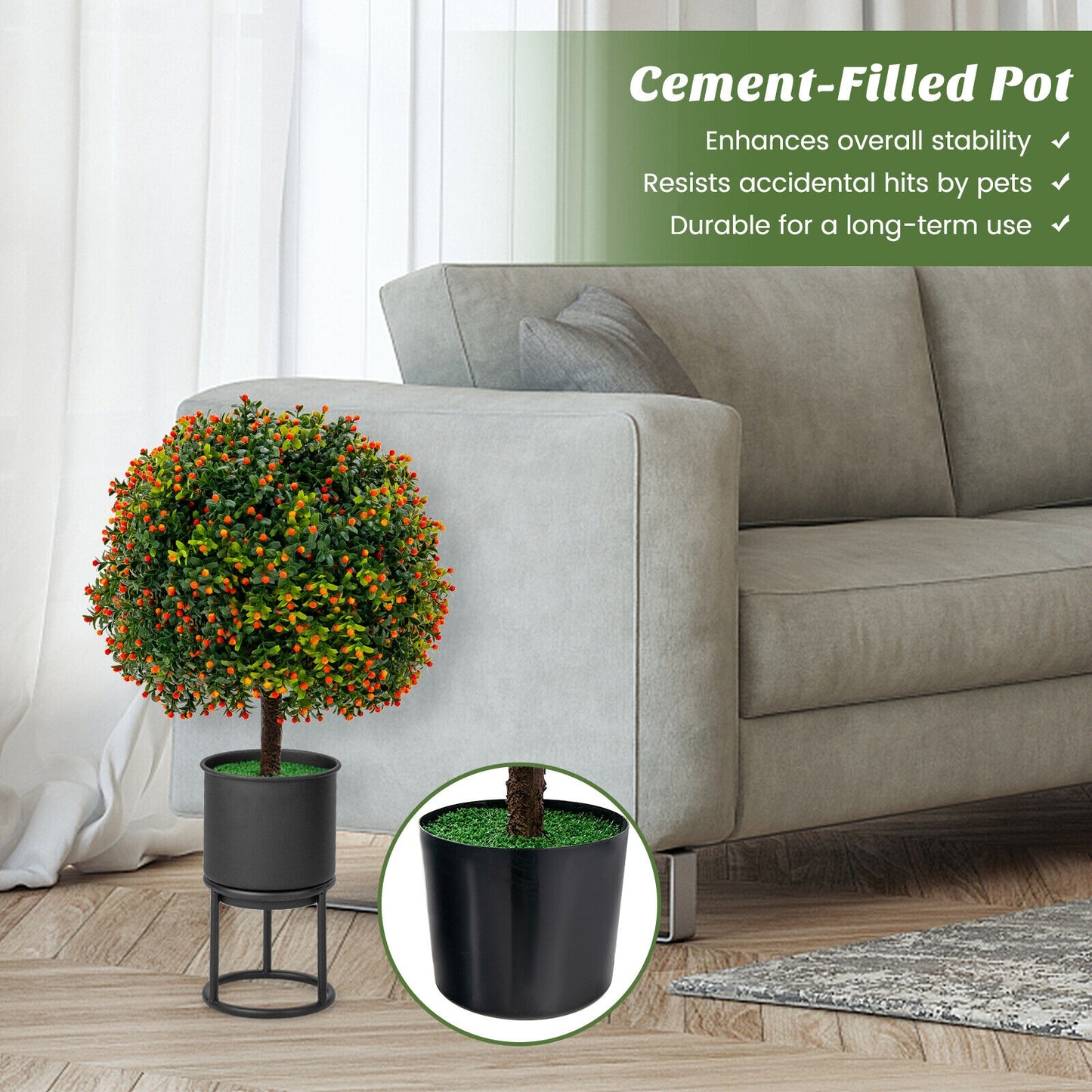 Set of 2 Artificial Boxwood Topiary Ball Trees with Lifelike Greenery & Orange Fruits