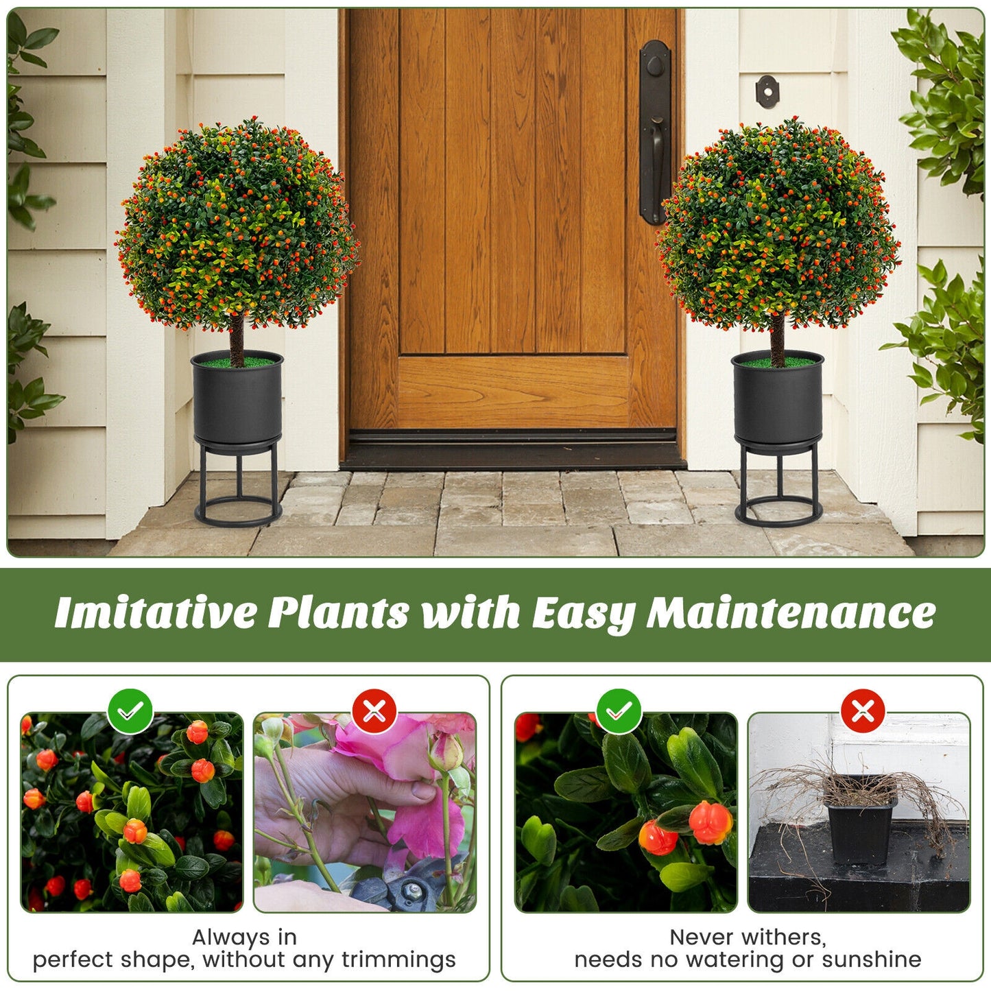 Set of 2 Artificial Boxwood Topiary Ball Trees with Lifelike Greenery & Orange Fruits