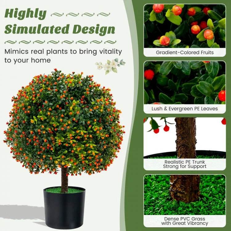 Set of 2 Artificial Boxwood Topiary Ball Trees with Lifelike Greenery & Orange Fruits