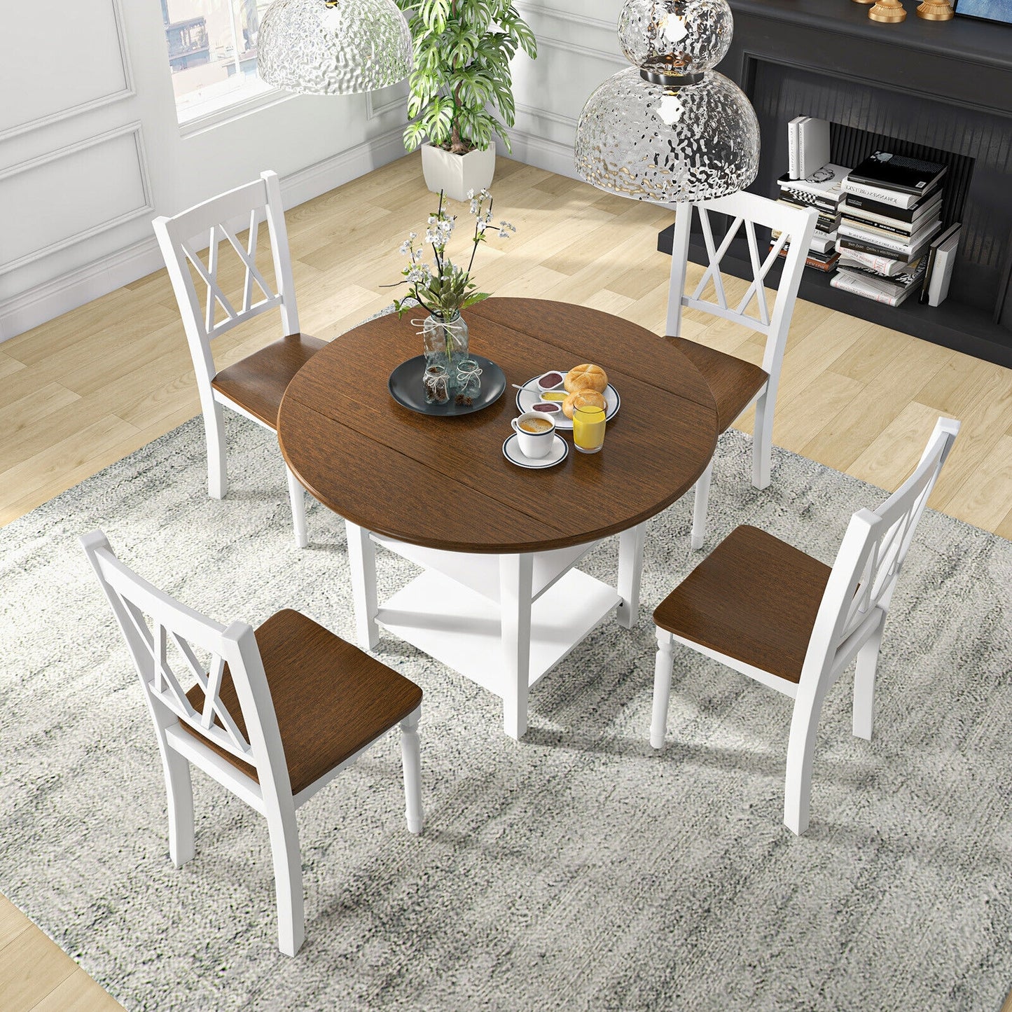 Modern 5 Piece Round Dining Set with Drop Leaf Table and Storage Shelves