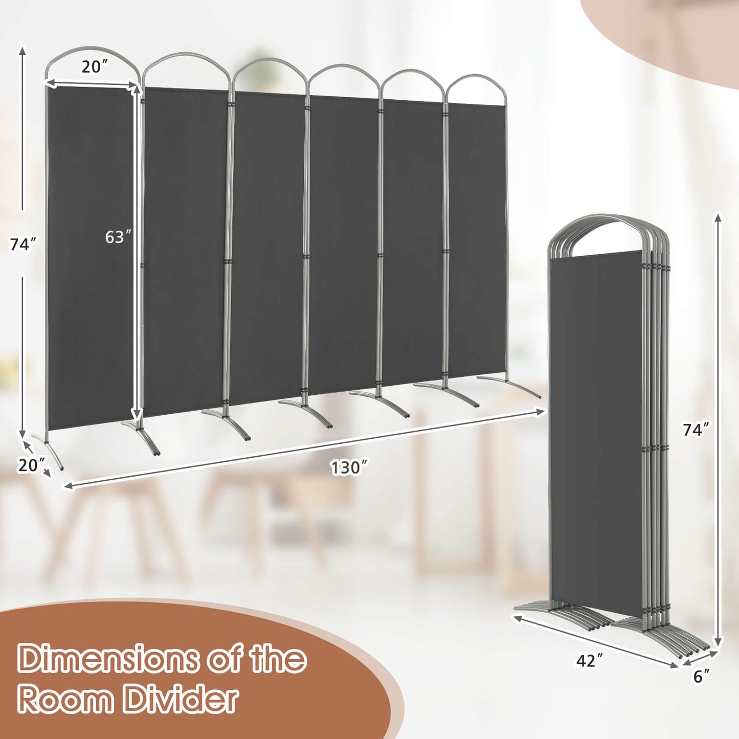 6 Foot 6-Panel Folding Freestanding Room Divider for Ultimate Privacy - Grey
