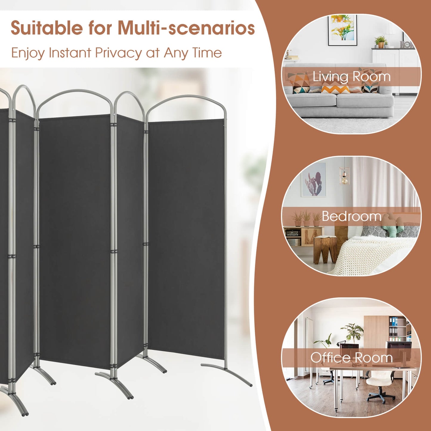6 Foot 6-Panel Folding Freestanding Room Divider for Ultimate Privacy - Grey