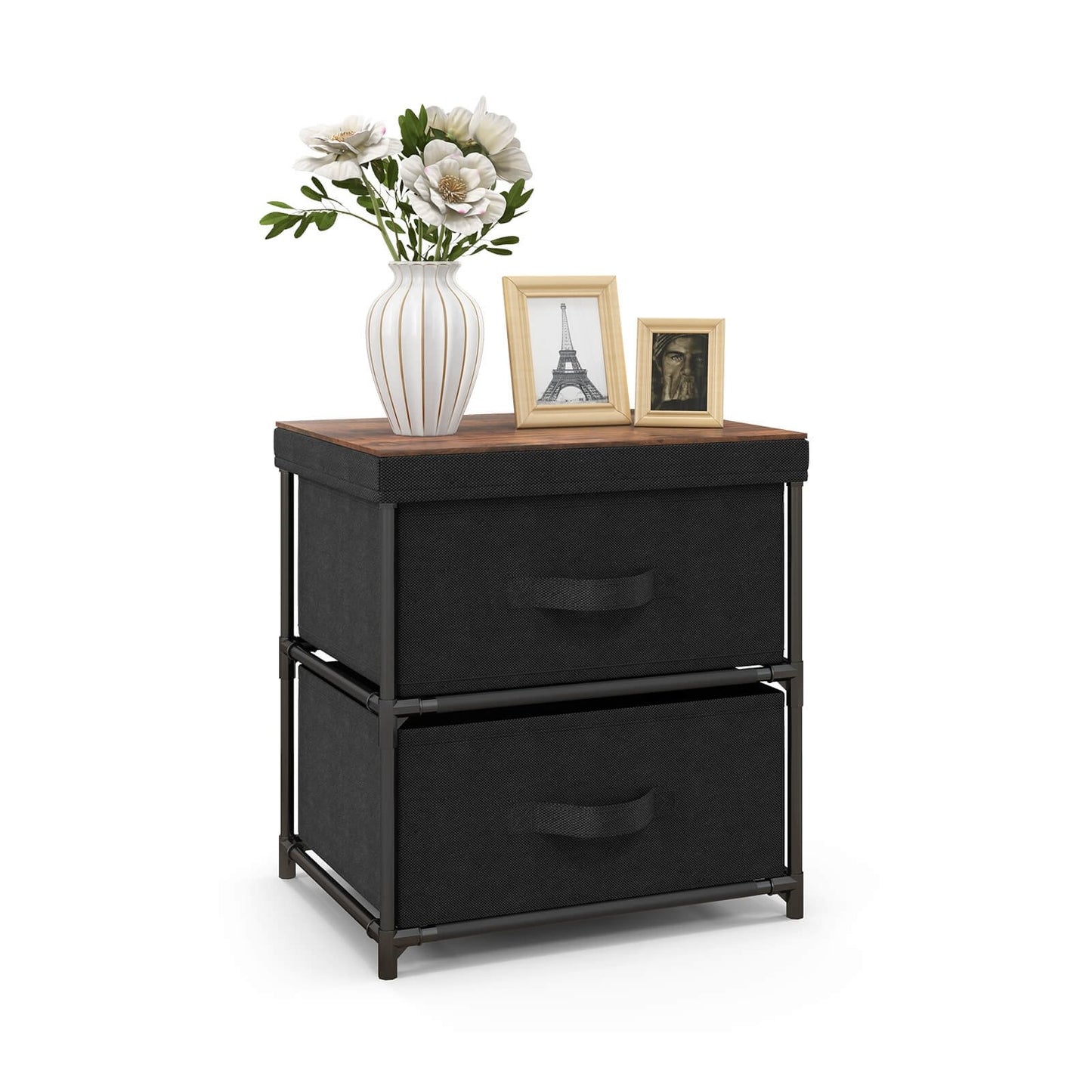 Modern Bedside Table with Removable Fabric Storage Drawers Black Finish