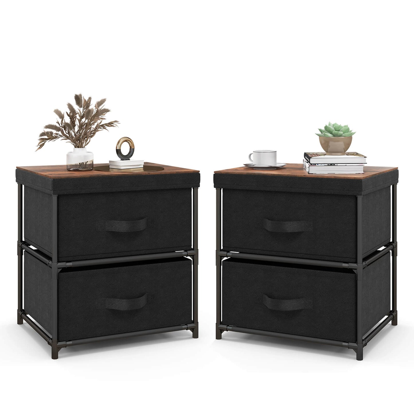 Modern Bedside Table with Removable Fabric Storage Drawers Black Finish
