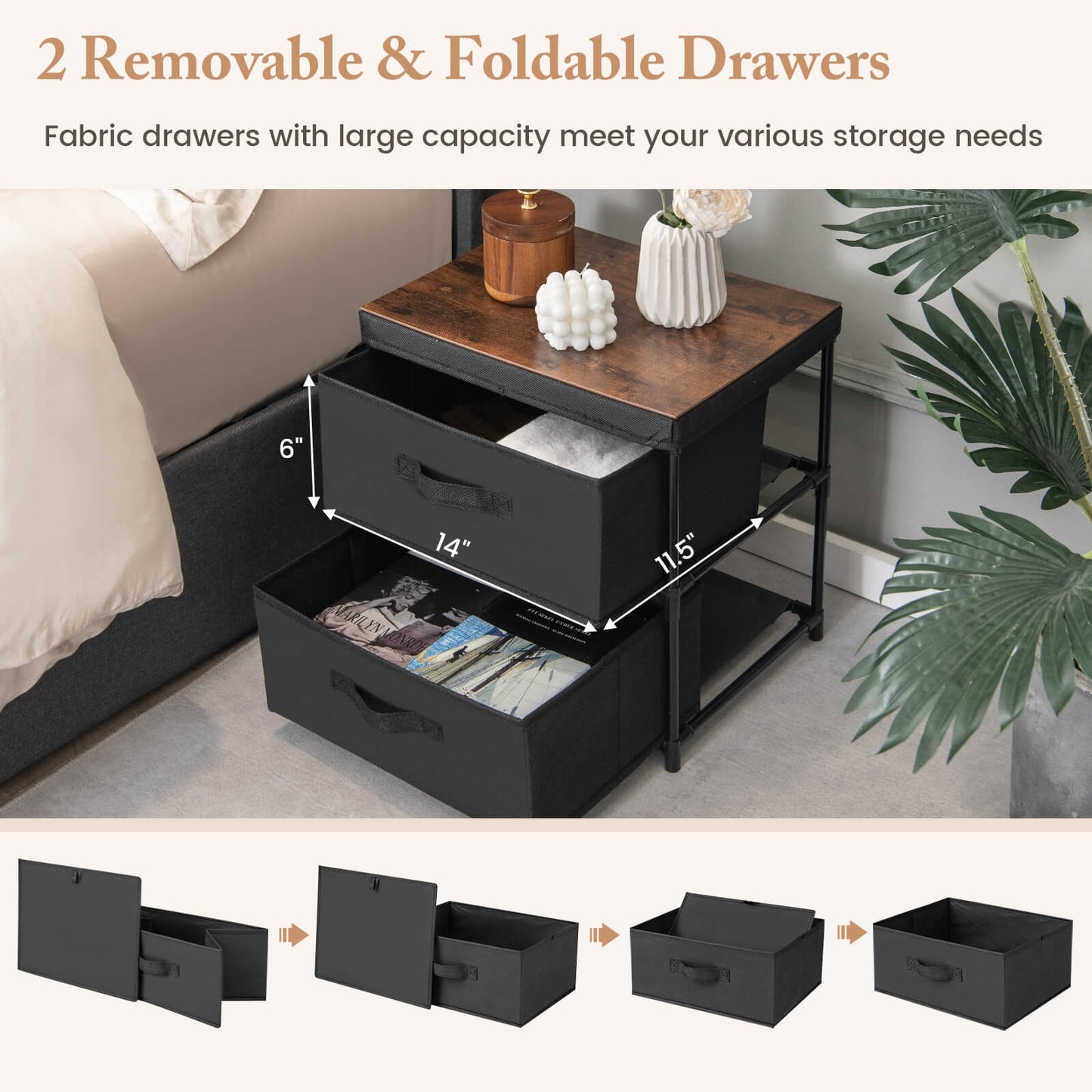Modern Bedside Table with Removable Fabric Storage Drawers Black Finish